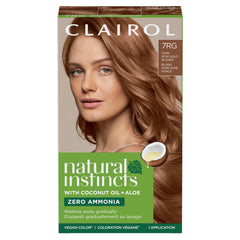 Clairol Natural Instincts 7RG swatches reveal natural-looking dark rose gold blonde shade.