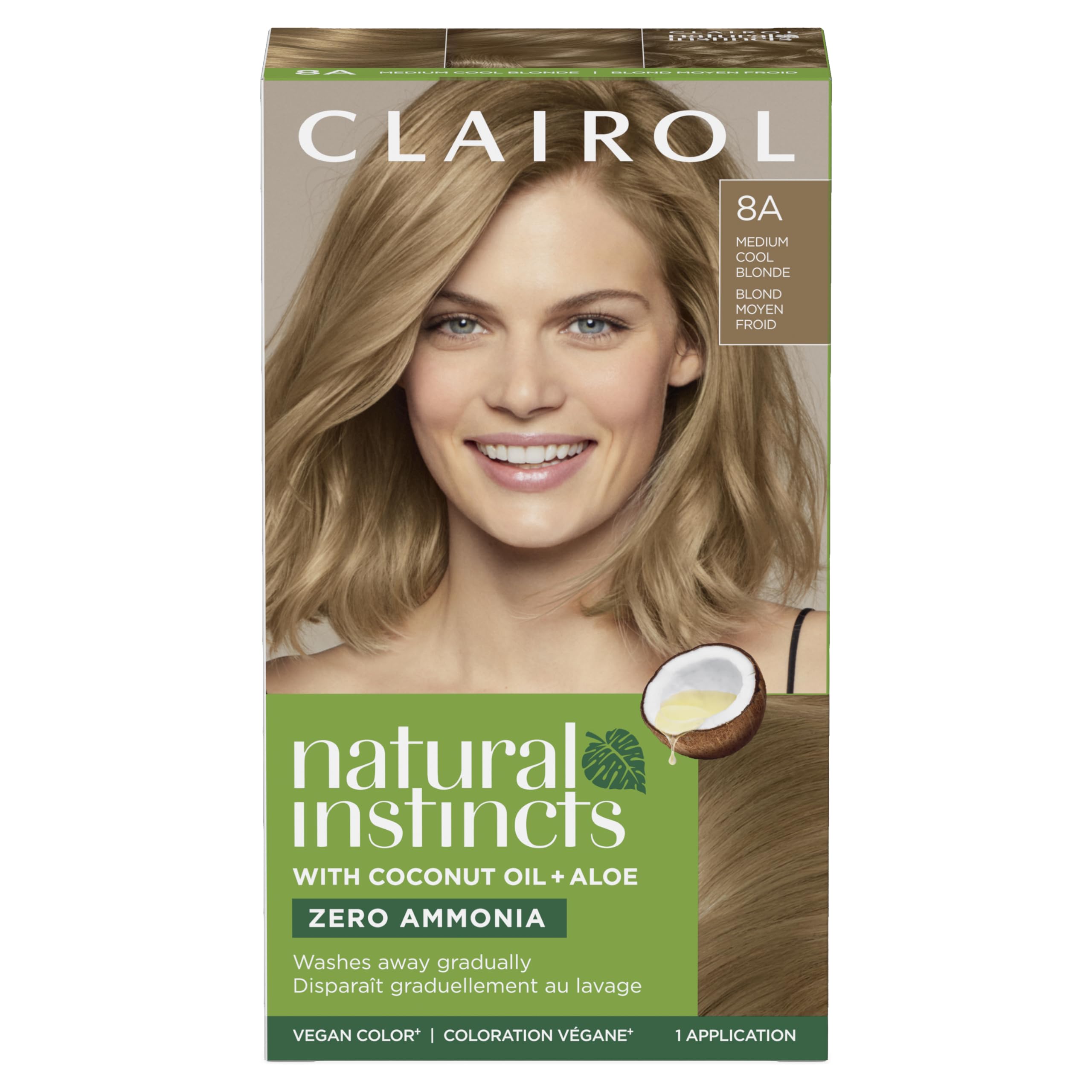 Clairol Natural Instincts 8A medium cool blonde color cream bottle for subtle gray blending