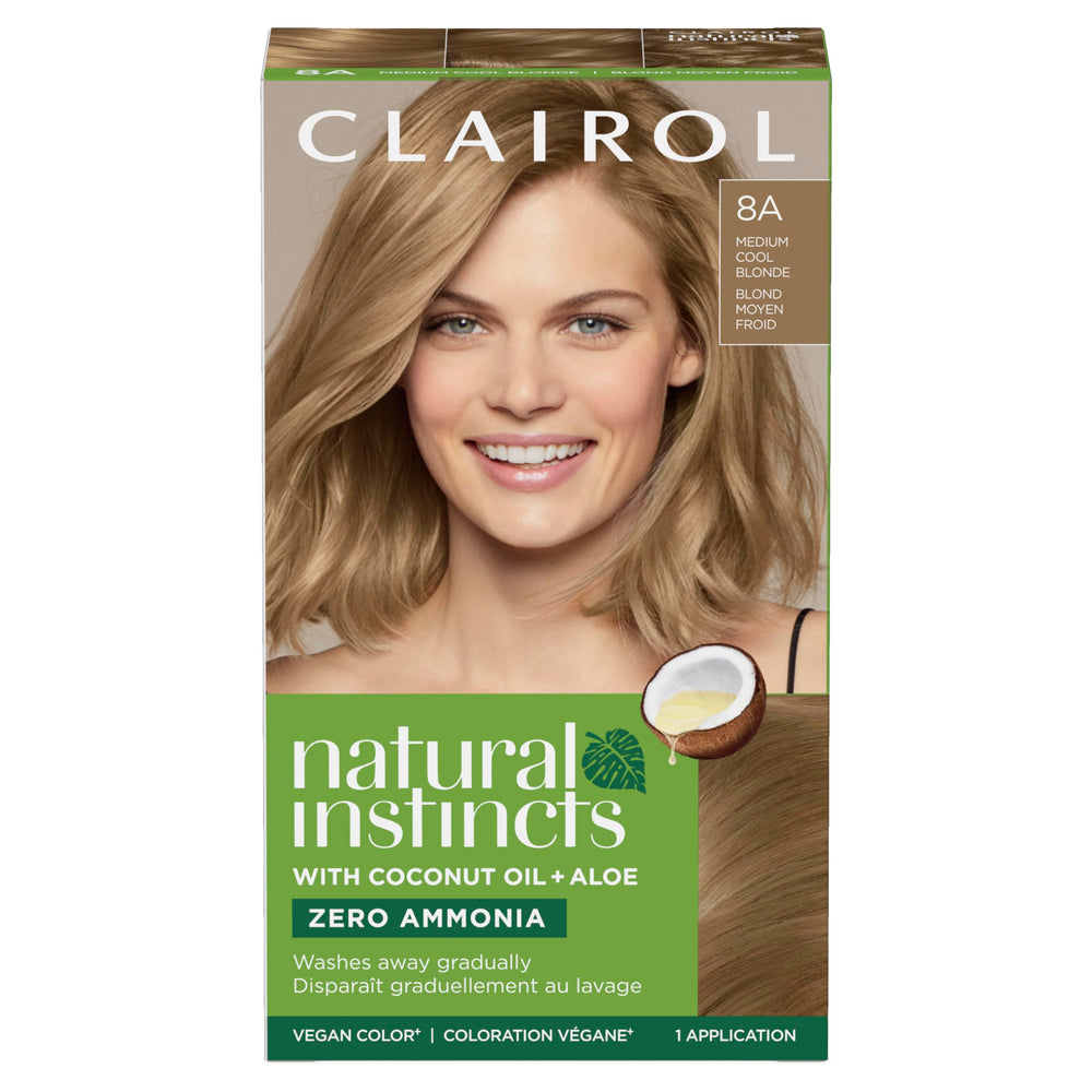 Clairol Natural Instincts 8A medium cool blonde color cream bottle for subtle gray blending
