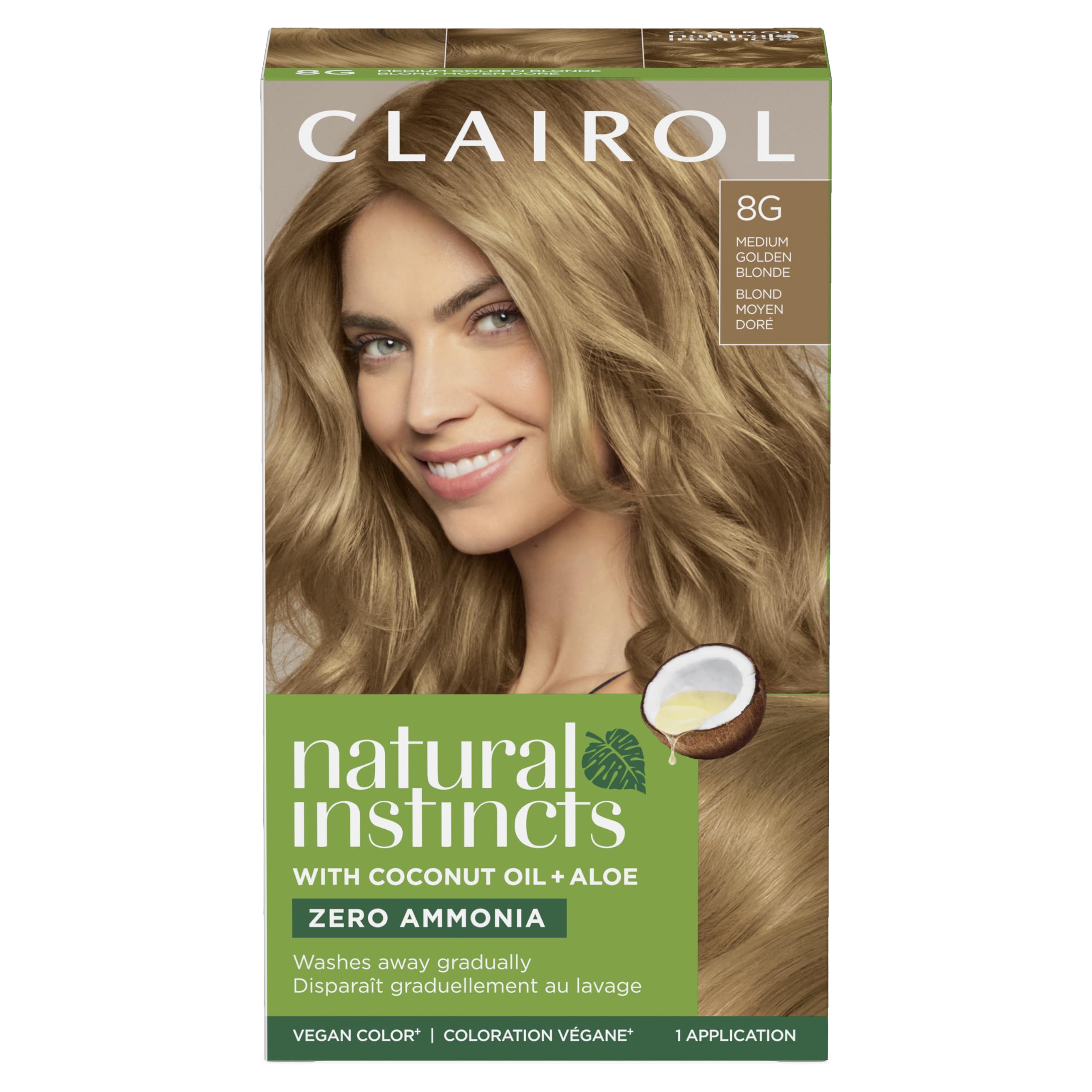 Clairol Natural Instincts 8G color cream bottle for warm natural blonde shade.