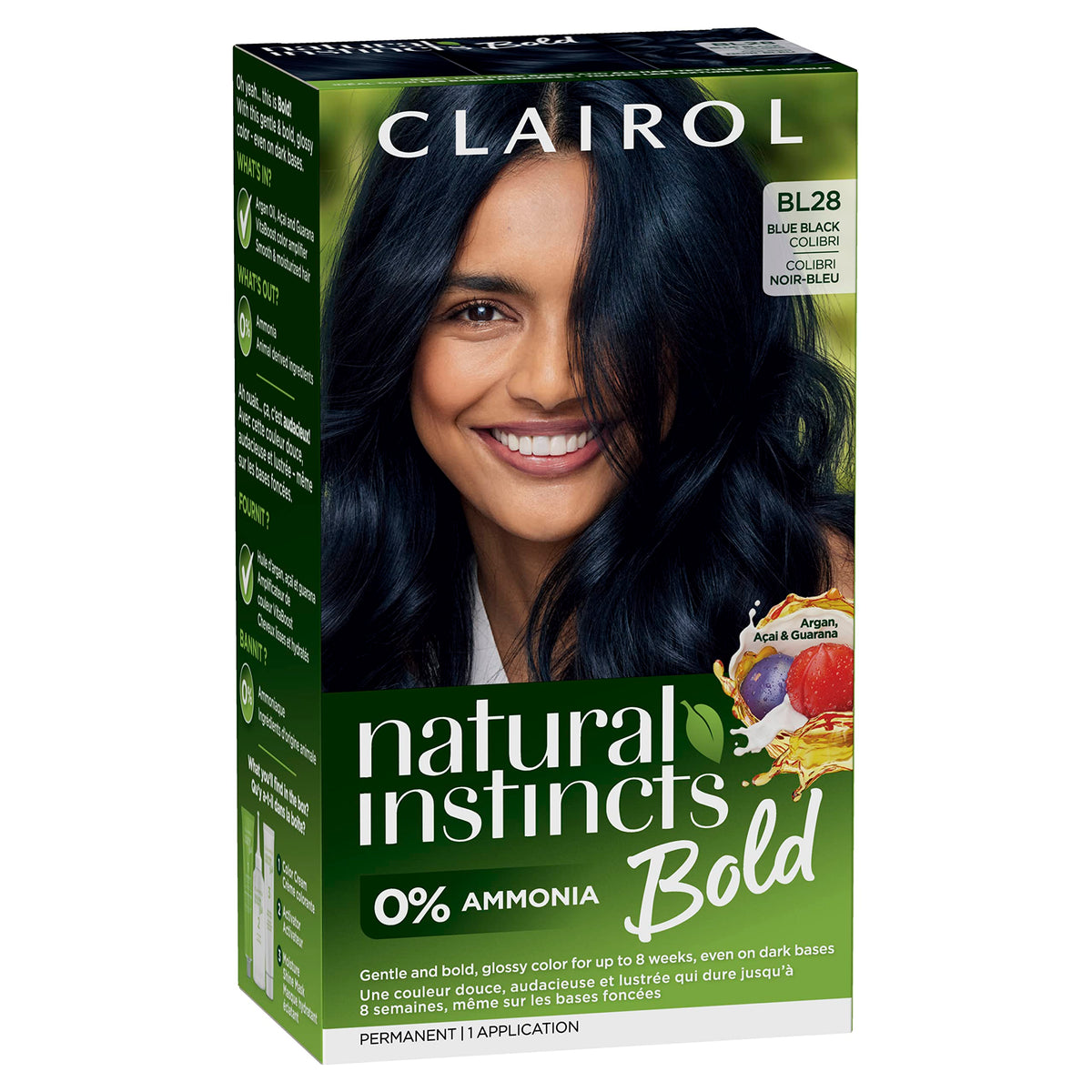 Clairol Natural Instincts Bold color cream Blue Black Colibri for vibrant shade.