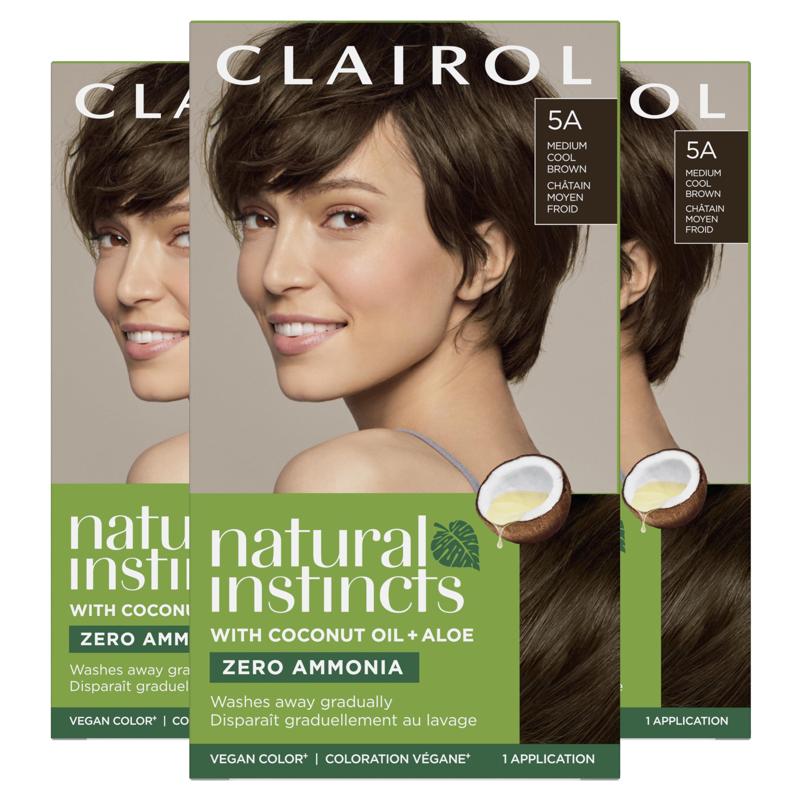 Clairol Natural Instincts demi-permanent dye 5A medium cool brown pack for soft gray blending.