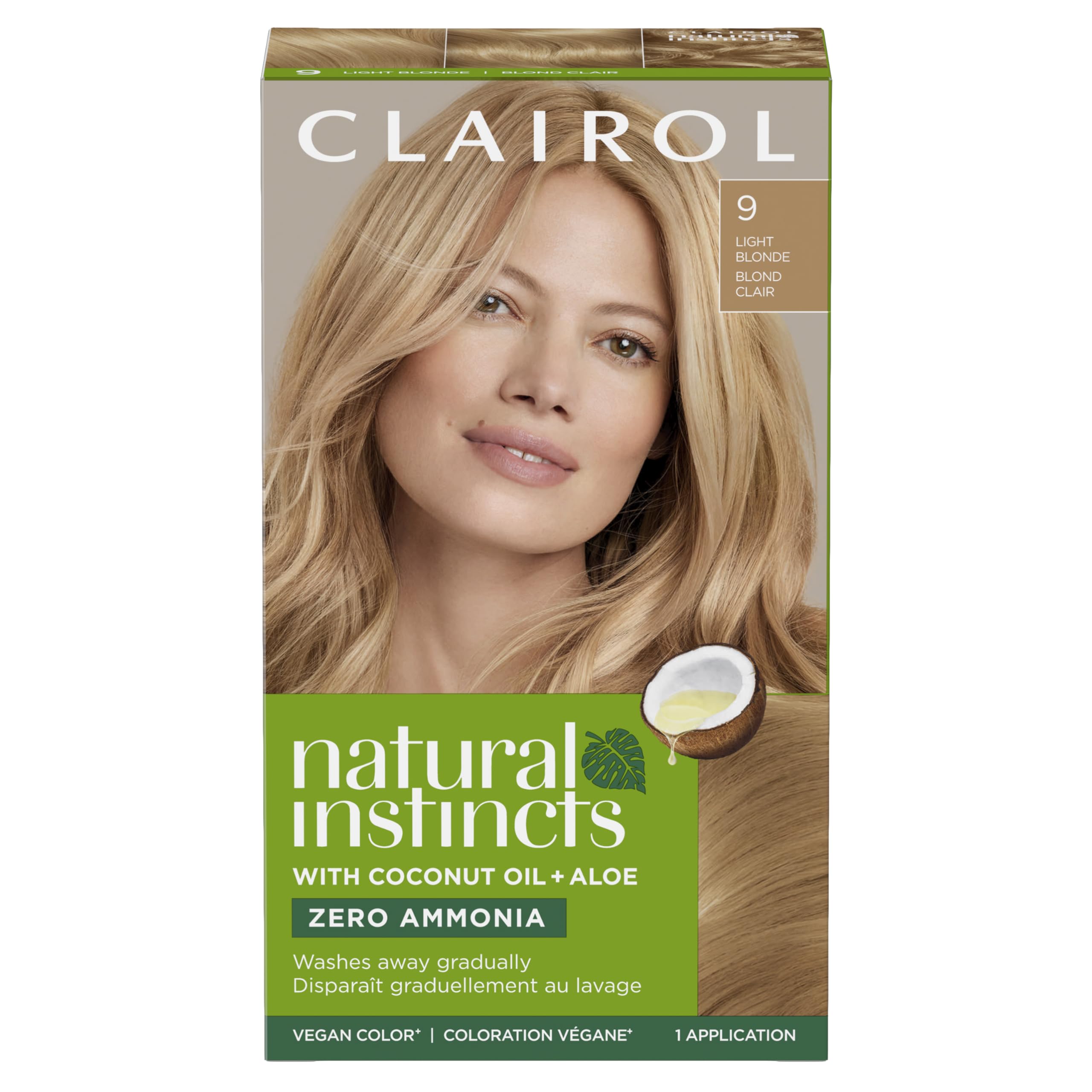 Clairol Natural Instincts demi-permanent dye 9 light blonde packaging varies, ready for touch-up color.
