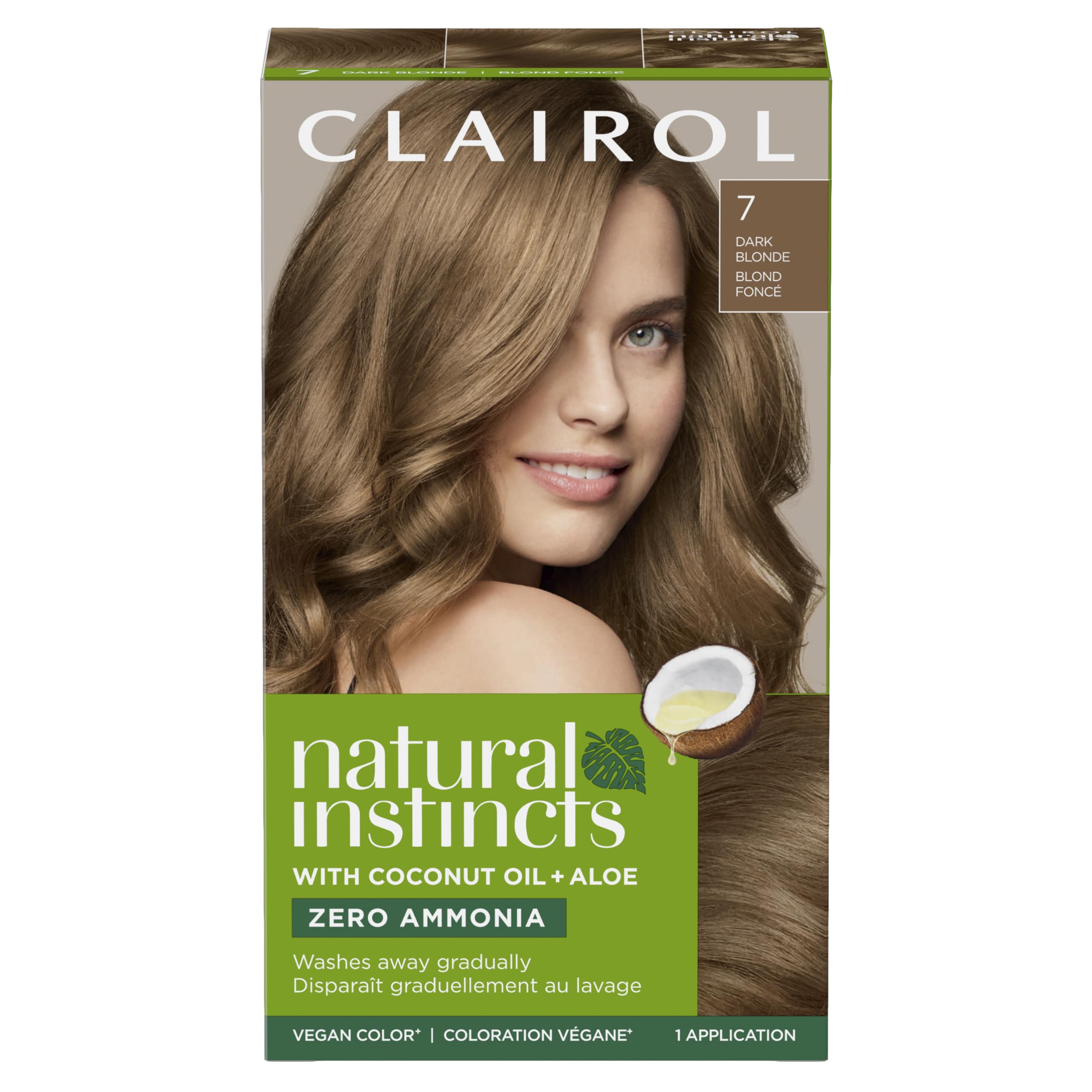 Clairol Natural Instincts 7 Dark Blonde color cream swatch for even coverage and gloss.