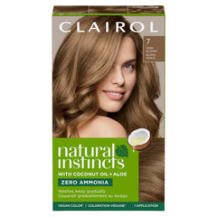 Clairol Natural Instincts 7 Dark Blonde color cream swatch for even coverage and gloss.