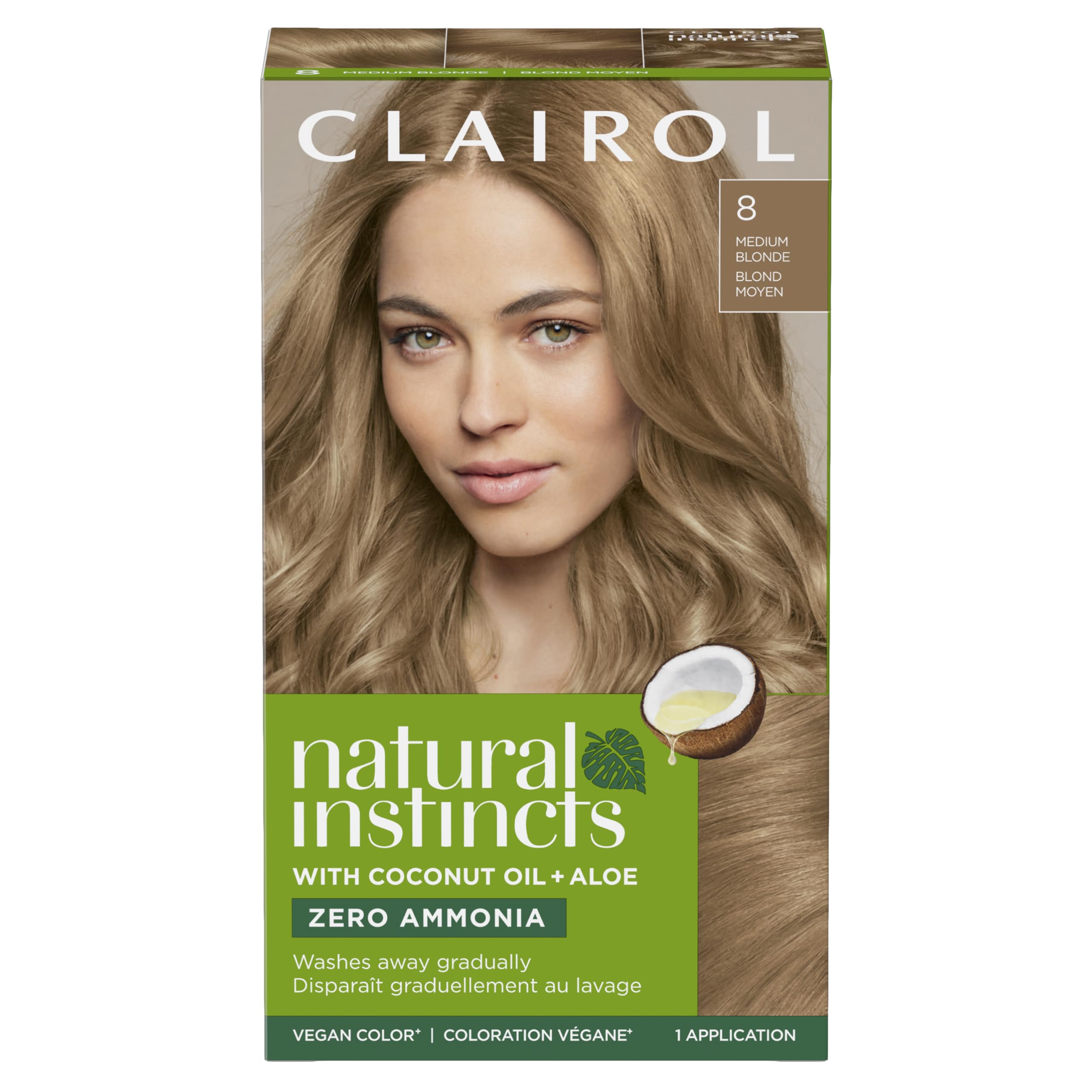 Clairol Natural Instincts box in 8 Medium Blonde for natural-looking color.