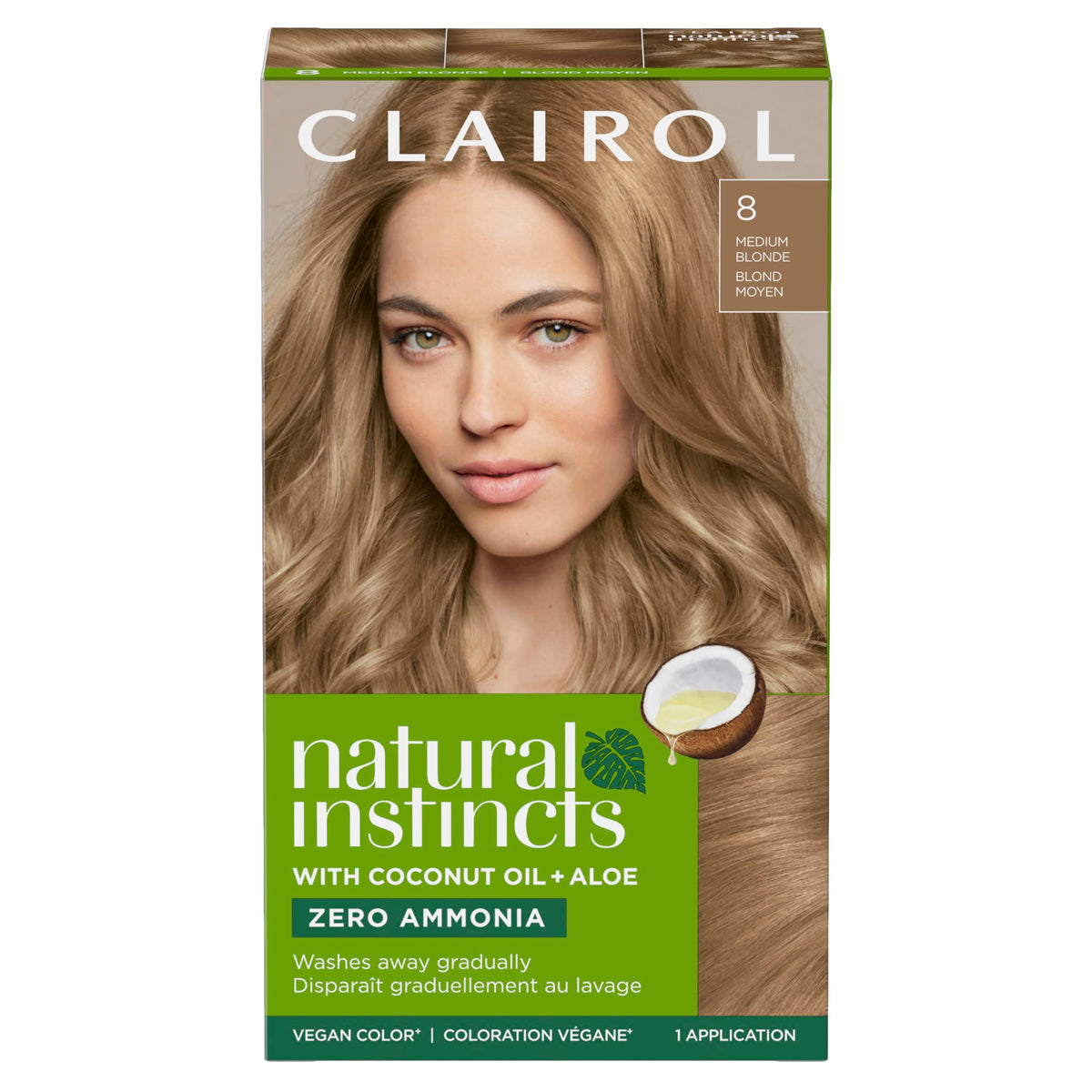 Clairol Natural Instincts box in 8 Medium Blonde for natural-looking color.