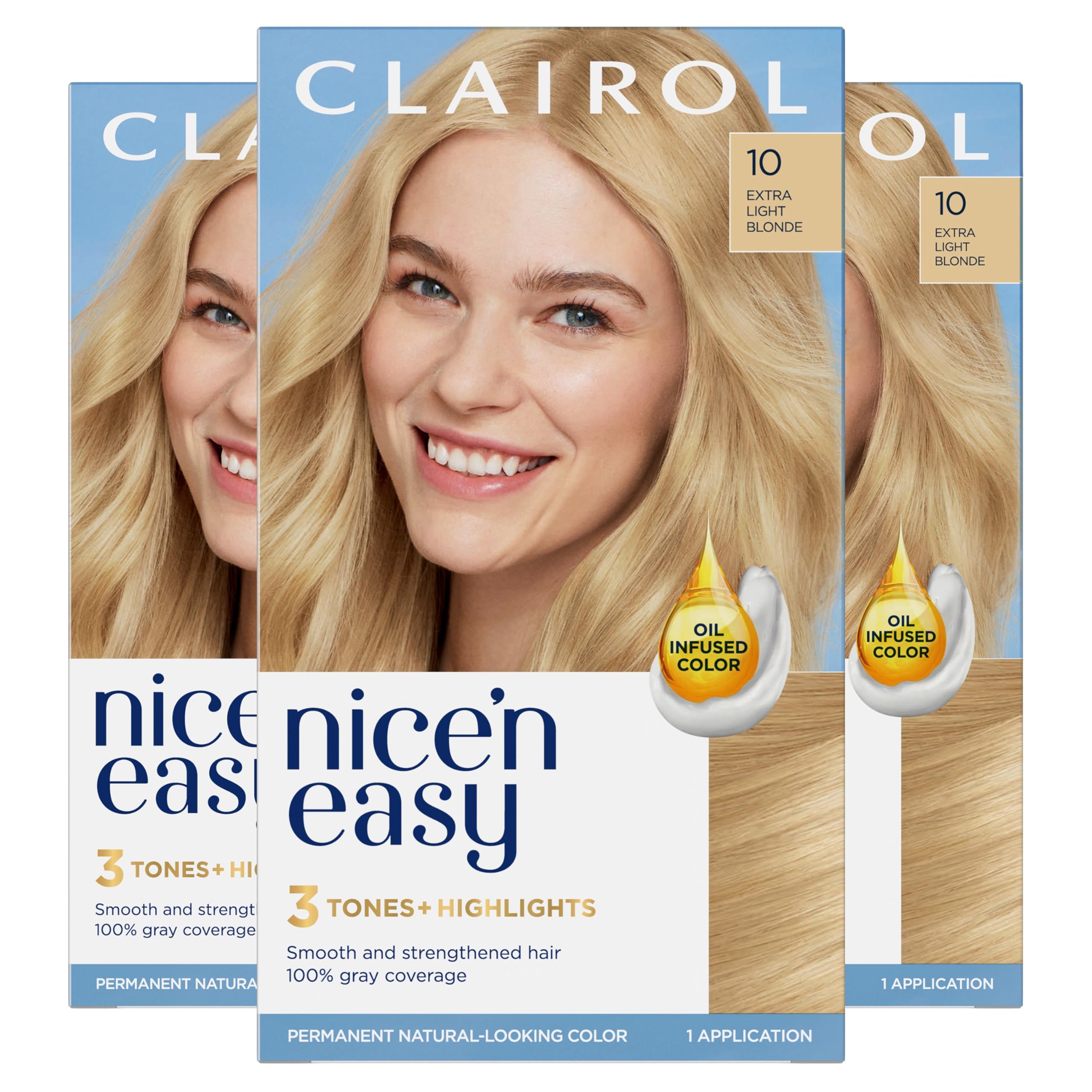Clairol Nice'n Easy 10 Extra Light Blonde box color swatch for natural looking gray coverage