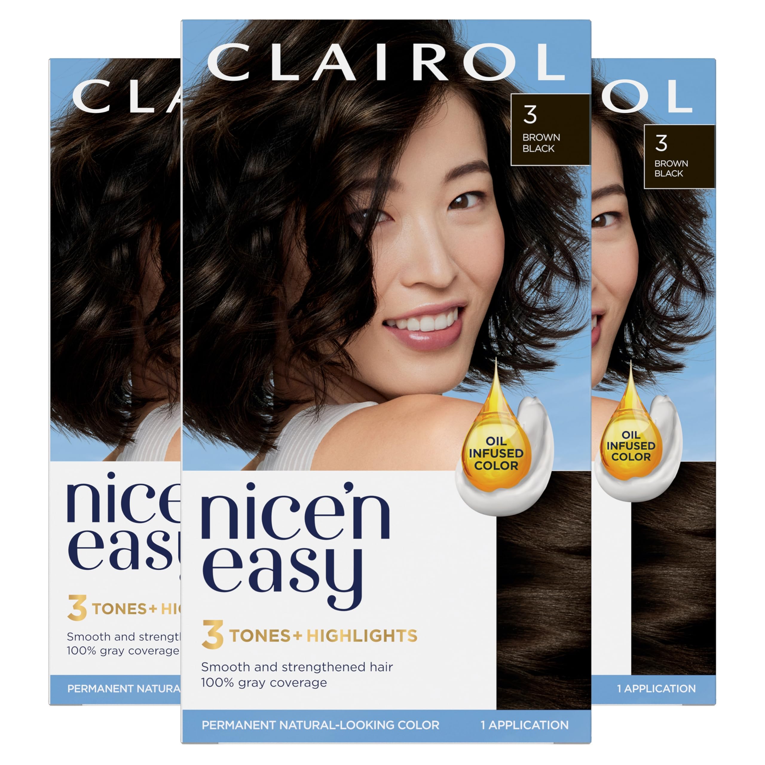 Clairol Nice'n Easy bottle and box show permanent gray coverage.
