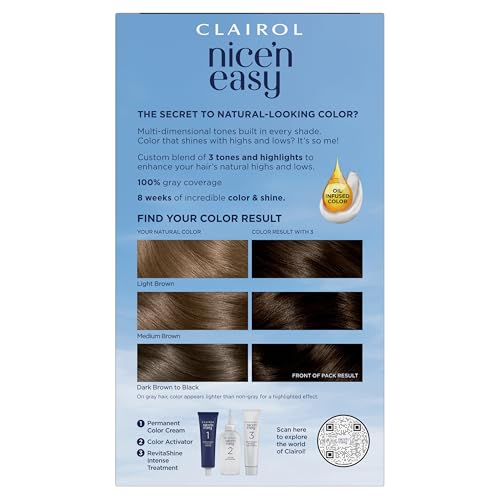 Clairol Nice'n Easy color swatches display natural-looking brown-black tones.