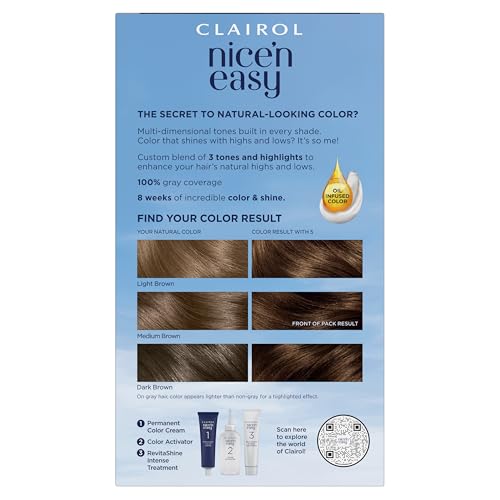 Clairol Nice'n Easy 5 Medium Brown color-cream for even coverage.