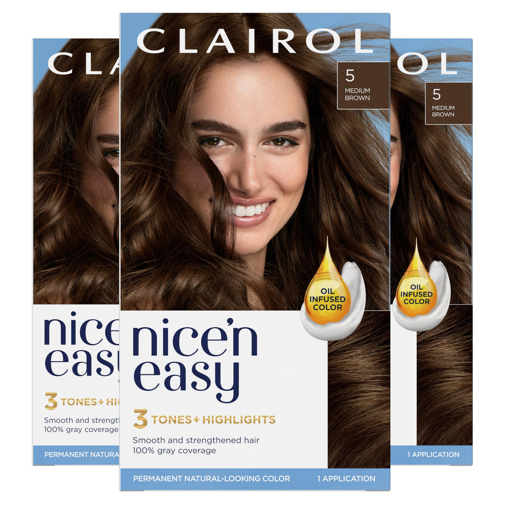 Clairol Nice'n Easy 5 Medium Brown pack-3-box for at-home color.