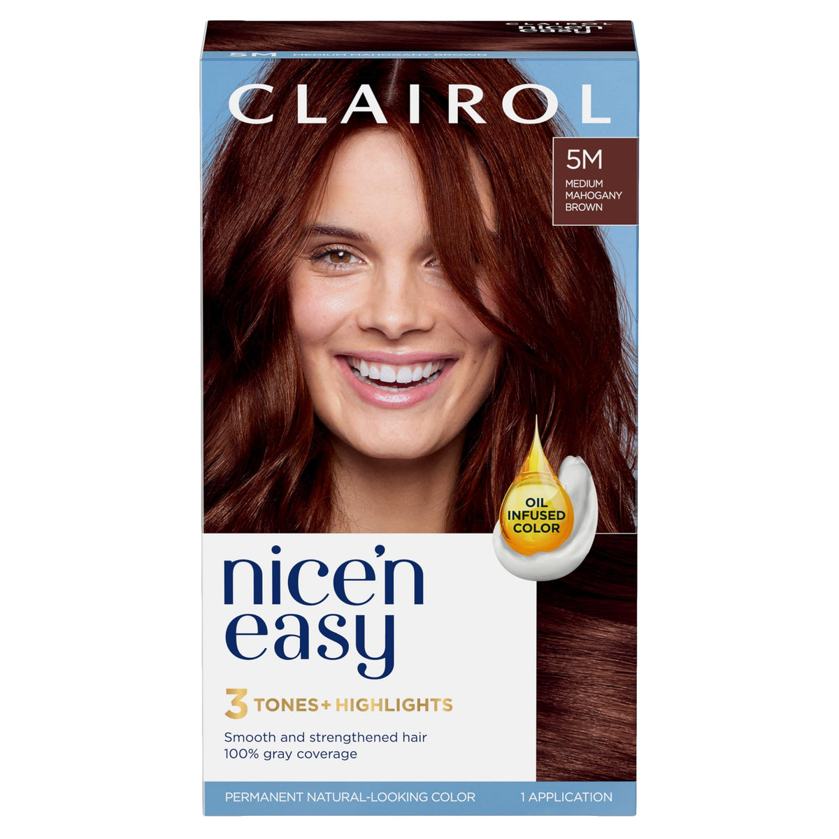 Clairol Nice'n Easy 5M bottle shows rich mahogany pigment for natural gray coverage.