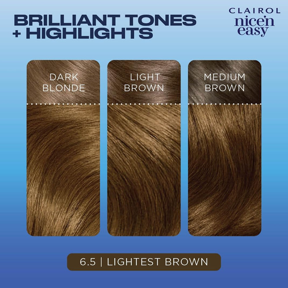 Clairol Nice'n Easy 6.5 Lightest Brown gloves ensure clean, comfortable application.