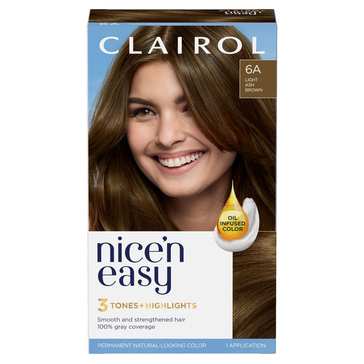 Clairol Nice'n Easy 6A box with natural-looking color and gray coverage.