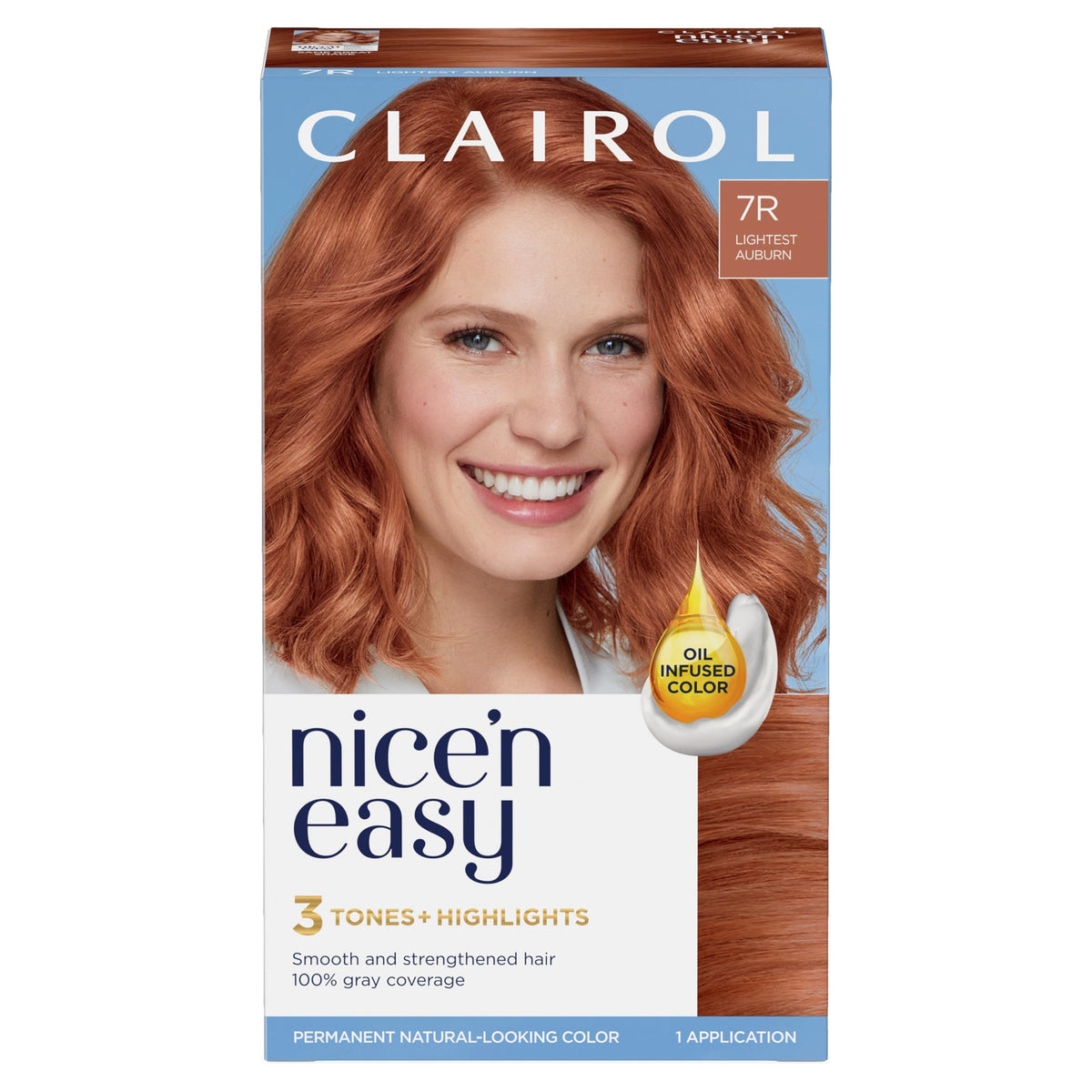 Clairol Nice'n Easy 7R Lightest Auburn box front shows natural shade.
