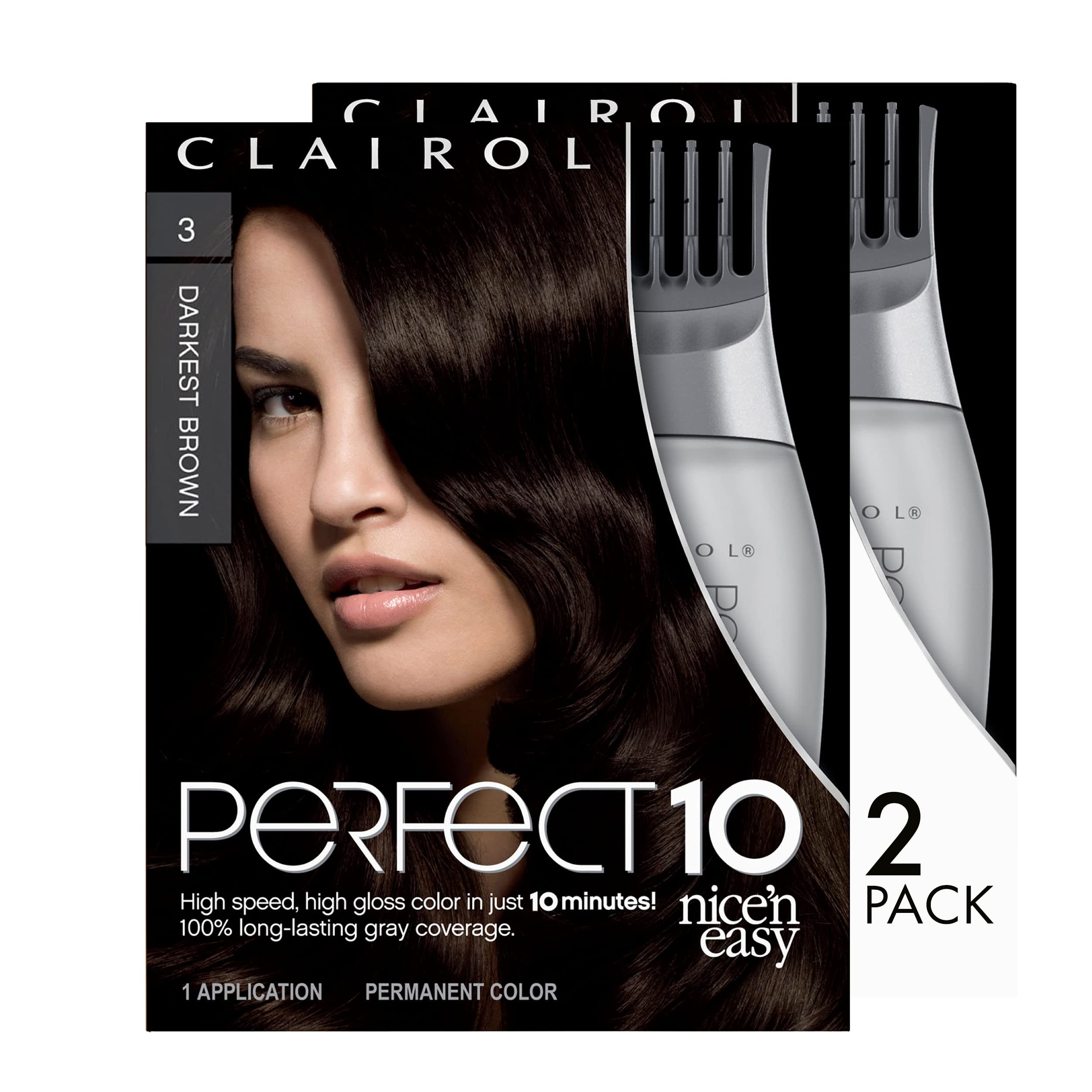 Clairol Nice'n Easy Perfect 10 color cream for natural-looking 3 Darkest Brown results.