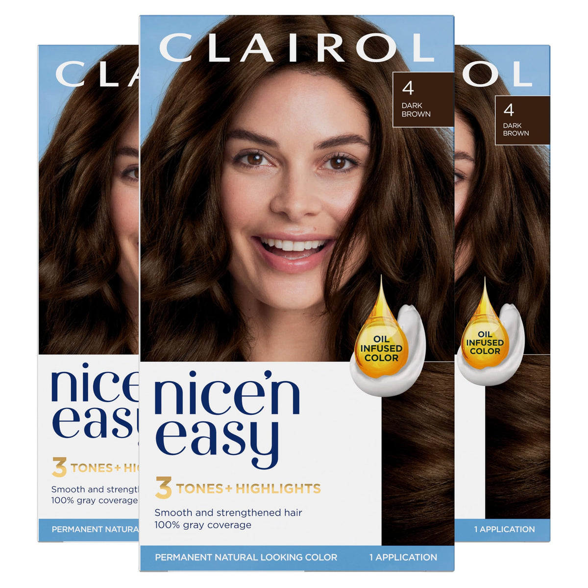 Clairol Nice'n Easy 4 Dark Brown box for easy at-home color and gray coverage