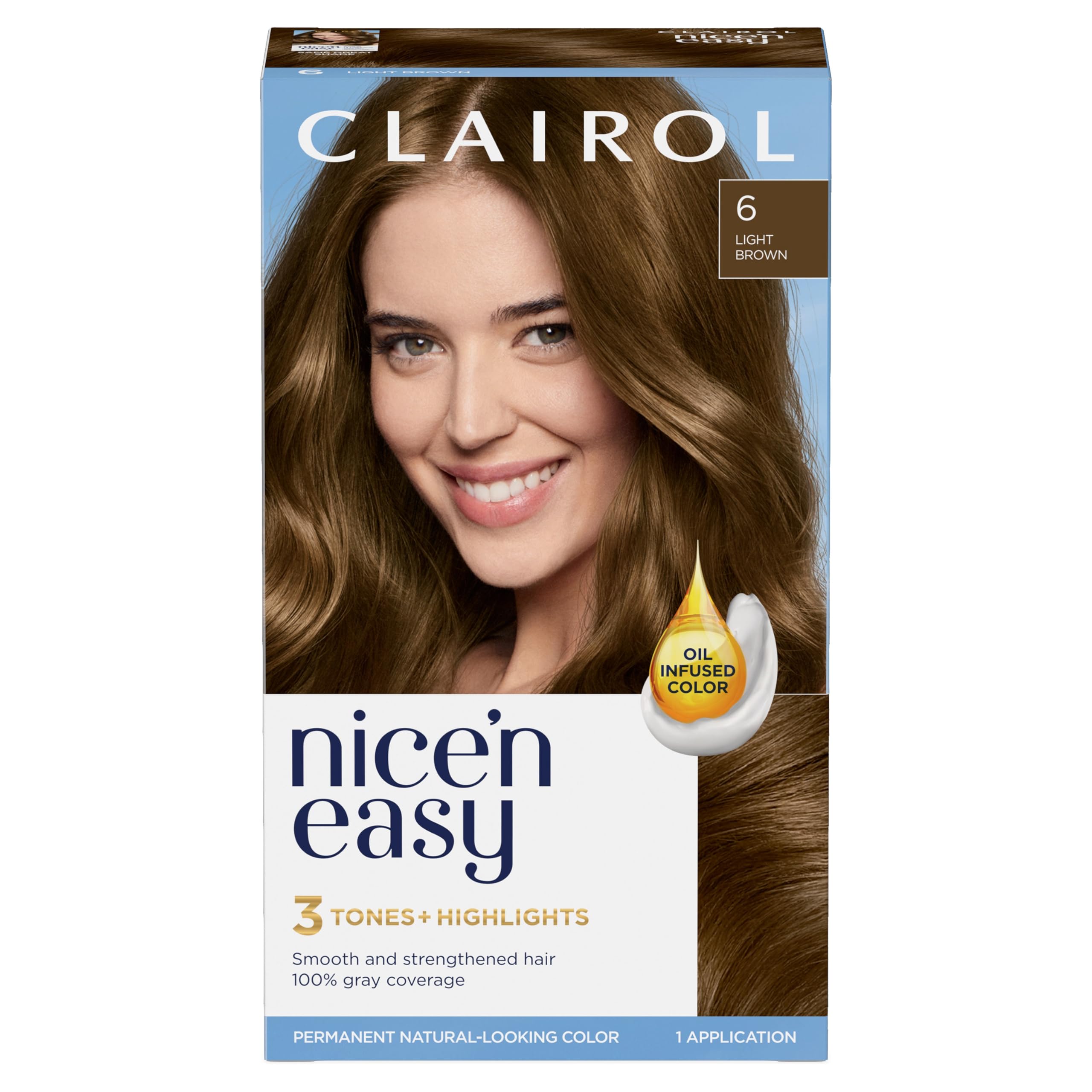 Clairol Nice'n Easy 6 Light Brown kit for natural color at home.