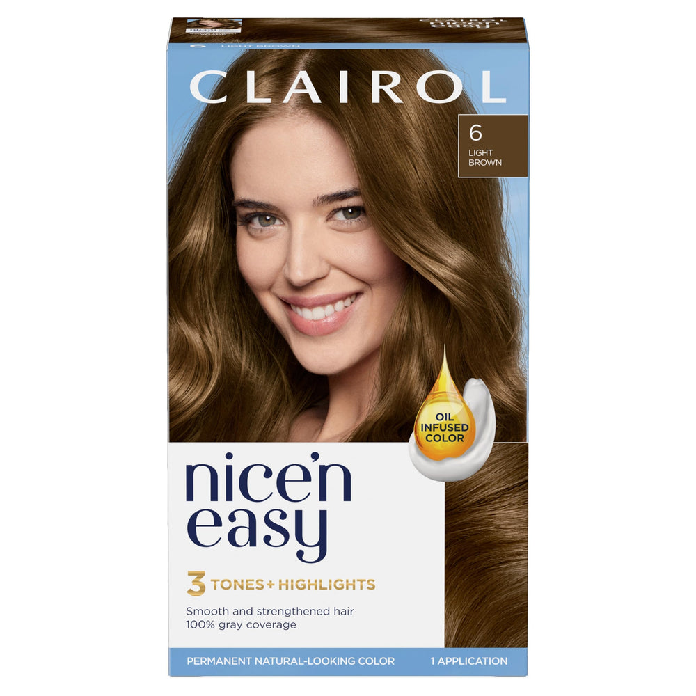 Clairol Nice'n Easy 6 Light Brown kit for natural color at home.