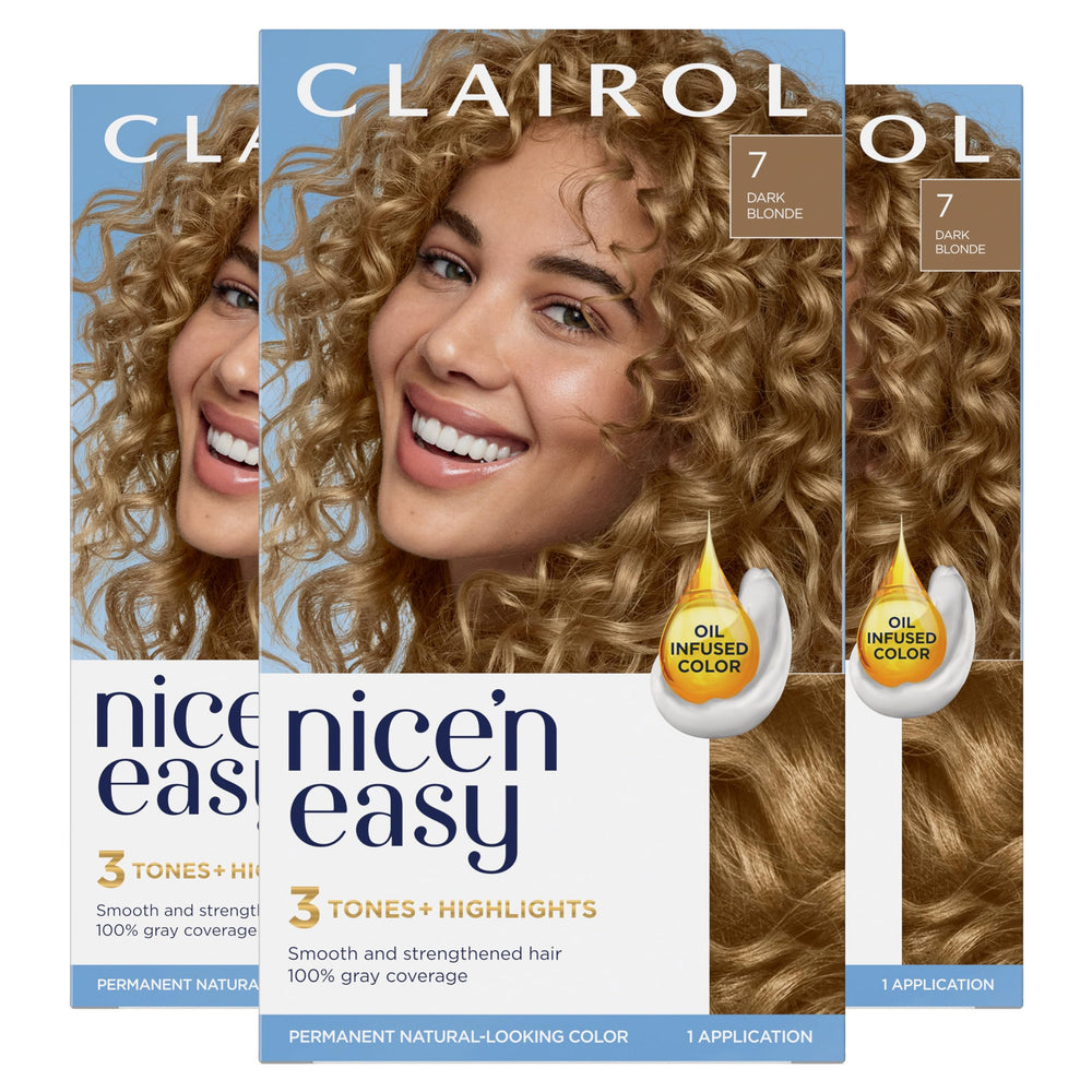 Clairol Nice'n Easy 7 Dark Blonde box view with full kit for gray coverage.