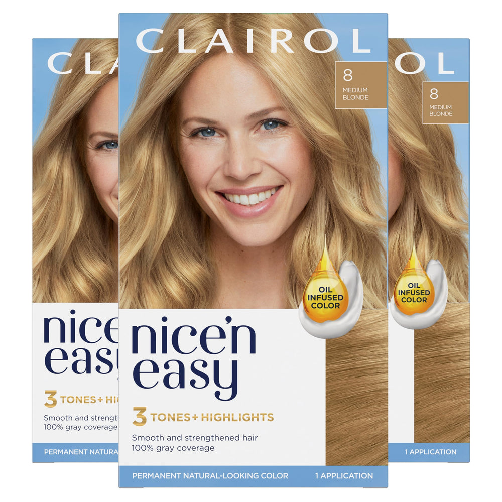 Clairol Nice'n Easy 8 Medium Blonde bottle shows easy color application and gray coverage.