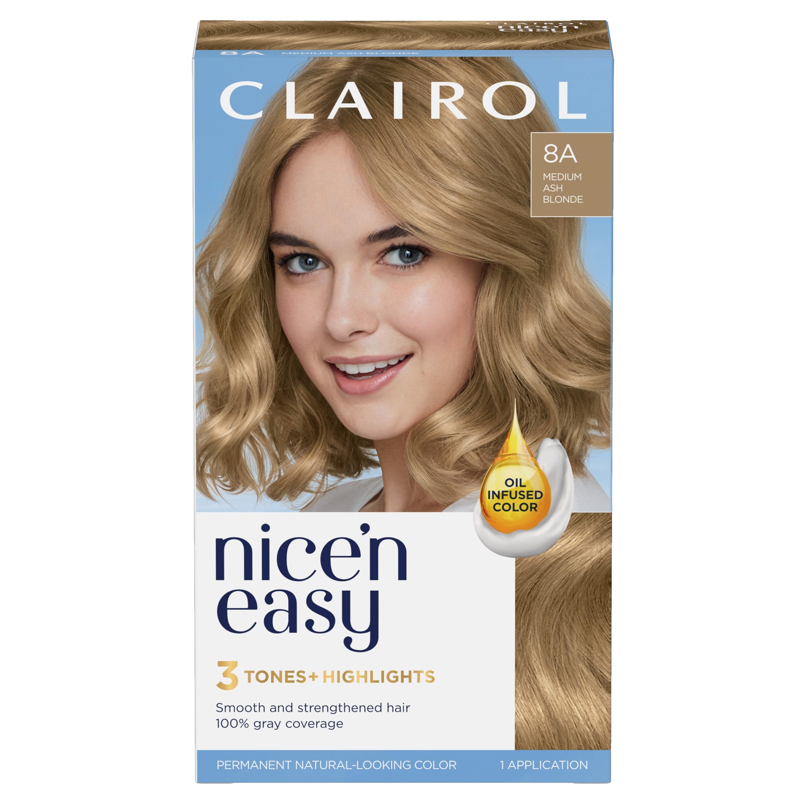 Clairol Nice'n Easy 8A Medium Ash Blonde box showing the color kit for natural-looking coverage