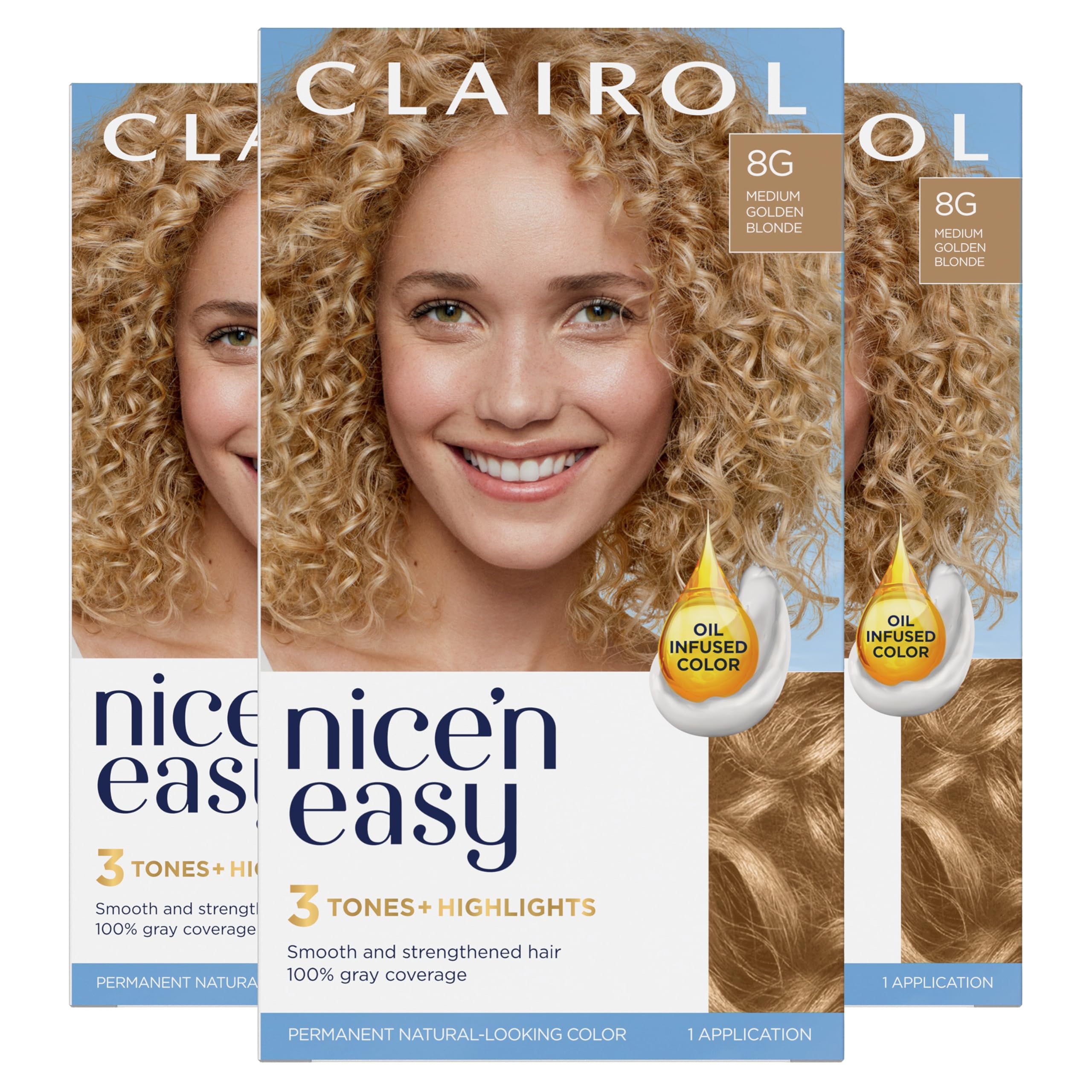 Clairol Nice'n Easy shade card displaying natural 8G golden blonde tones.