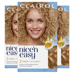 Clairol Nice'n Easy shade card displaying natural 8G golden blonde tones.
