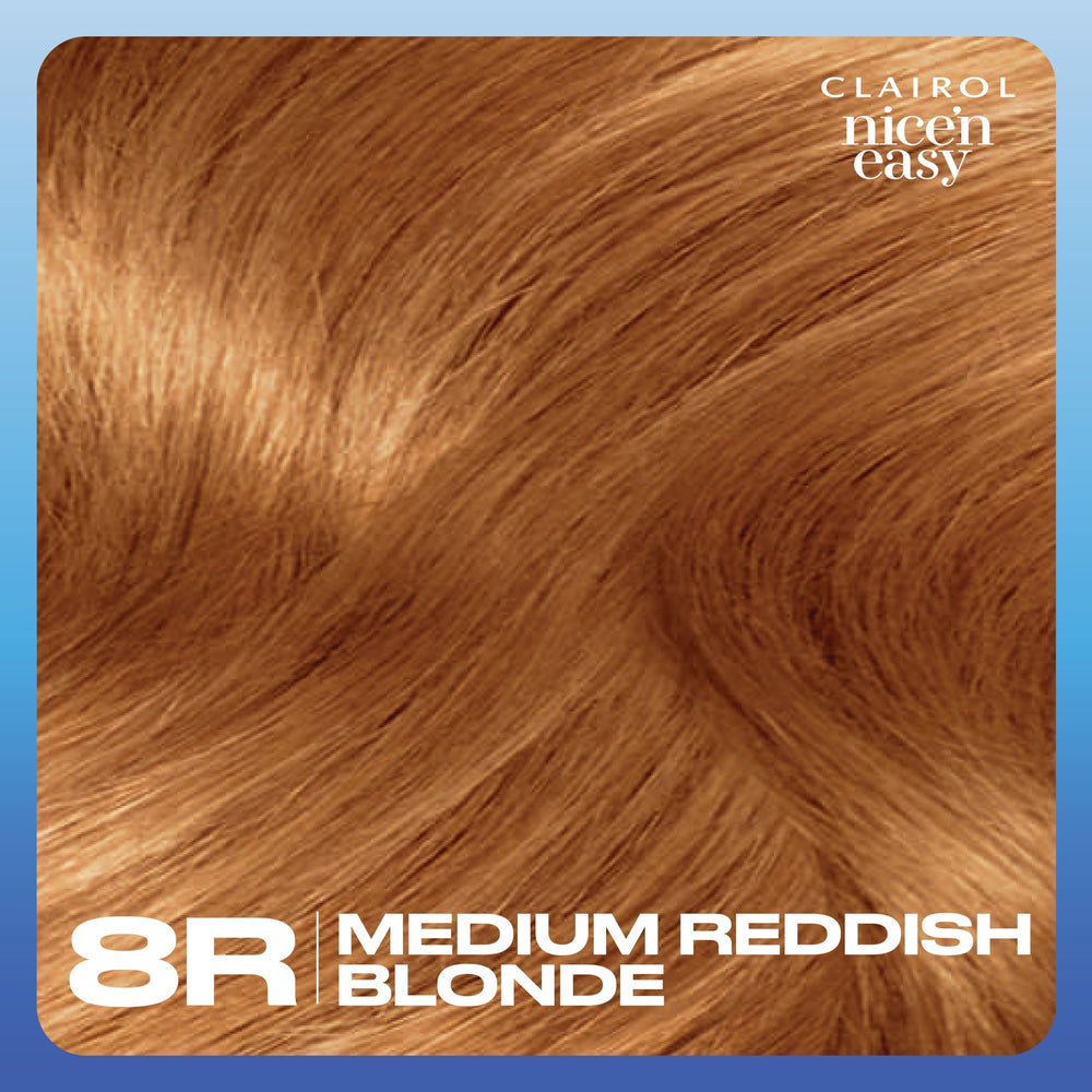 Badge indicating 100% gray coverage with Clairol Nice'n Easy 8R
