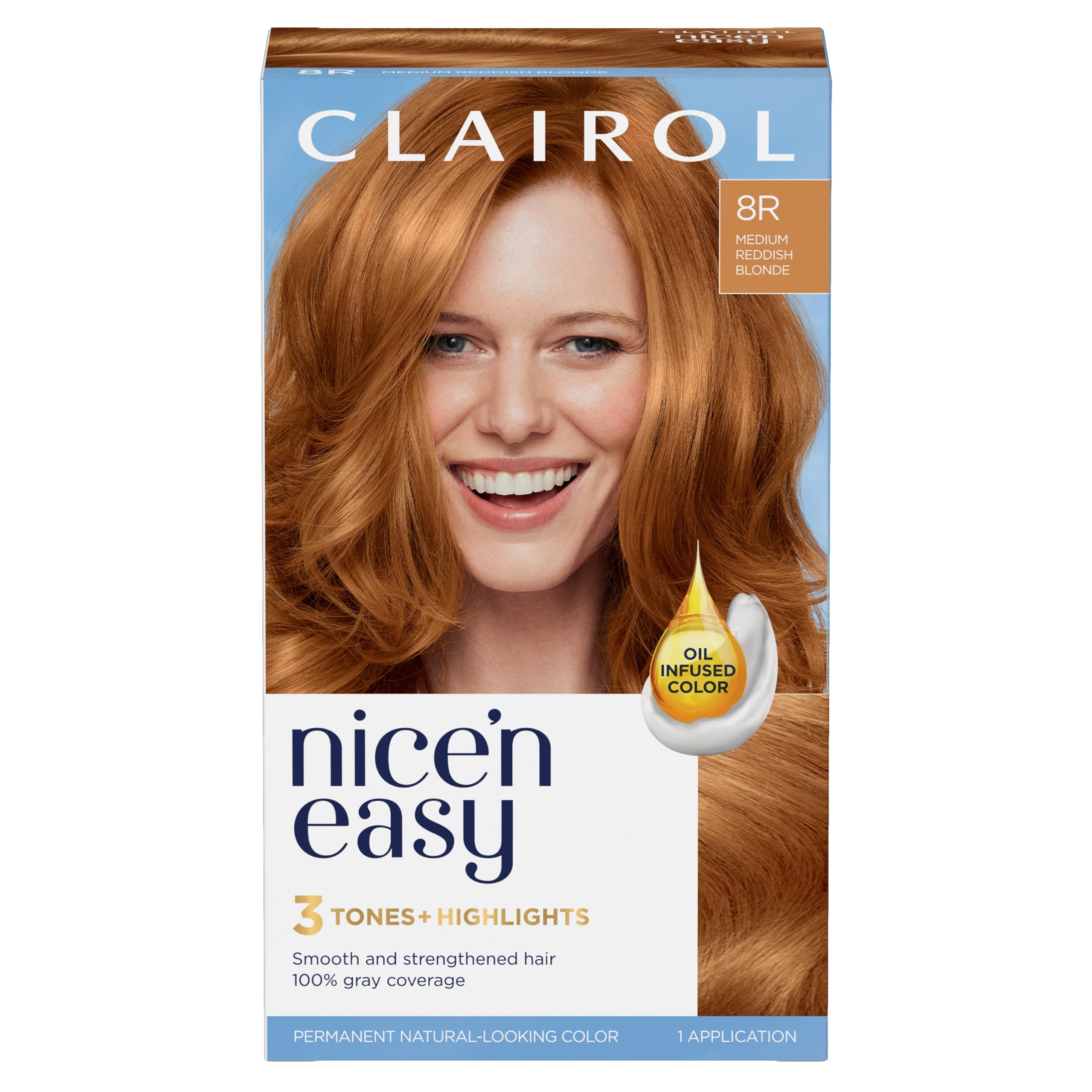 Clairol Nice'n Easy 8R box front showing natural medium reddish blonde shade