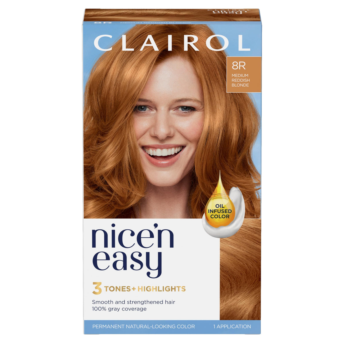 Clairol Nice'n Easy 8R box front showing natural medium reddish blonde shade