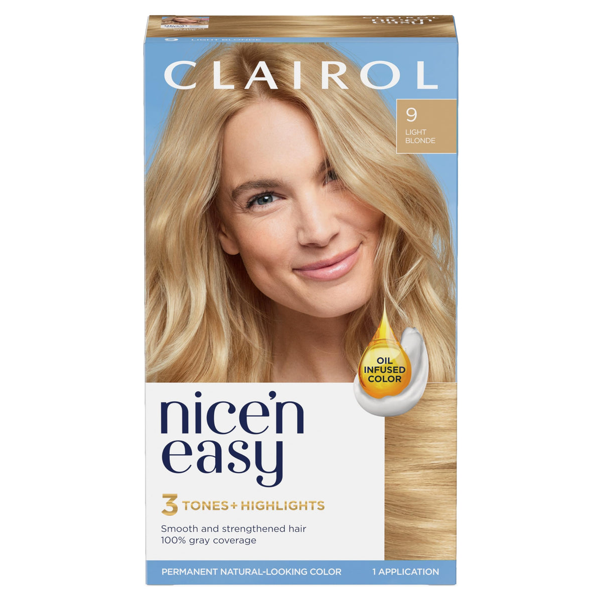 Clairol Nice'n Easy 9 Light Blonde color cream for natural gray coverage.