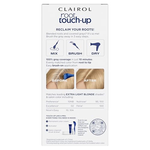 Clairol permanent dye bottle in 10 Extra Light Blonde shade for gray coverage.