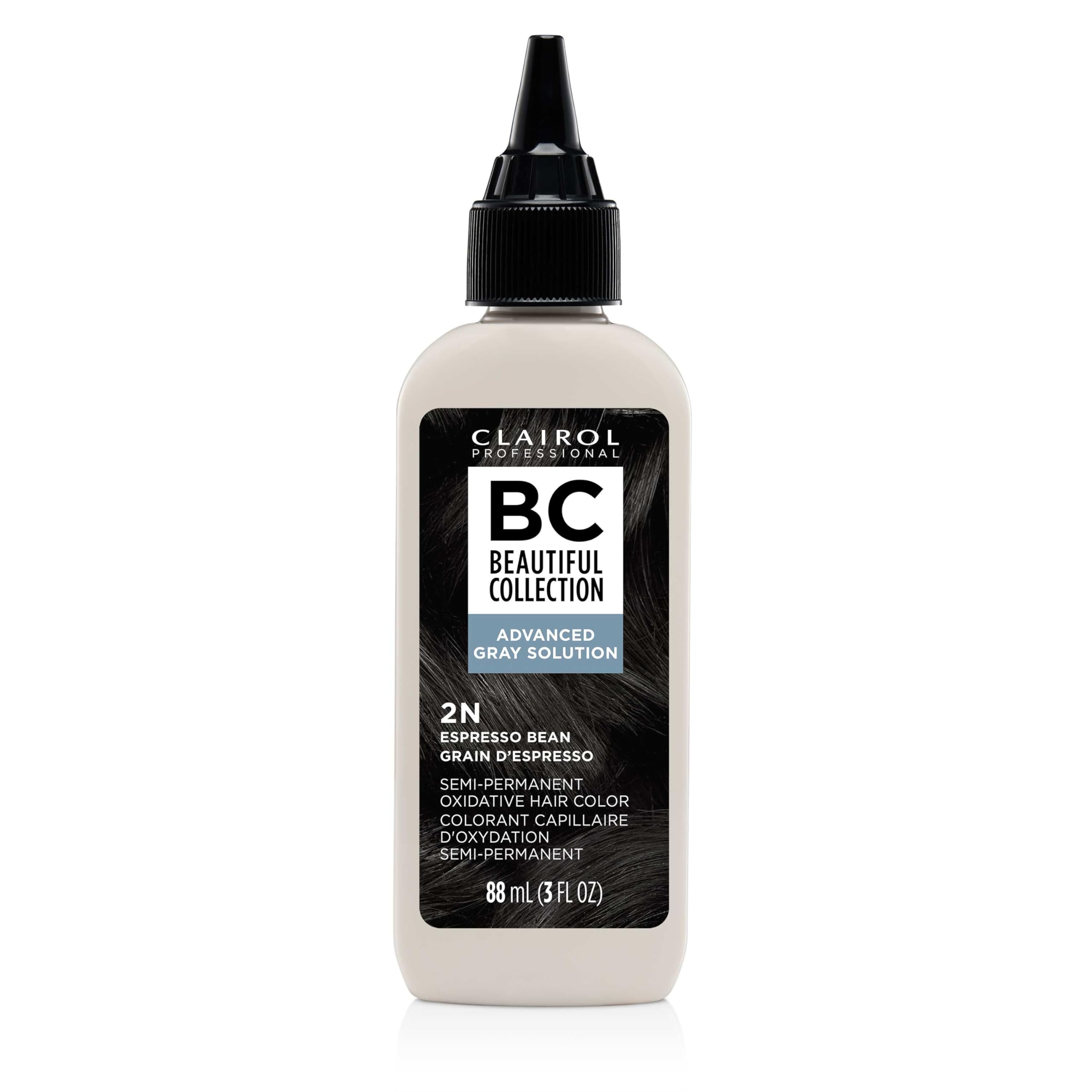 Clairol Professional Advanced Gray Solution espresso bean packaging highlights gentle, ammonia-free color.