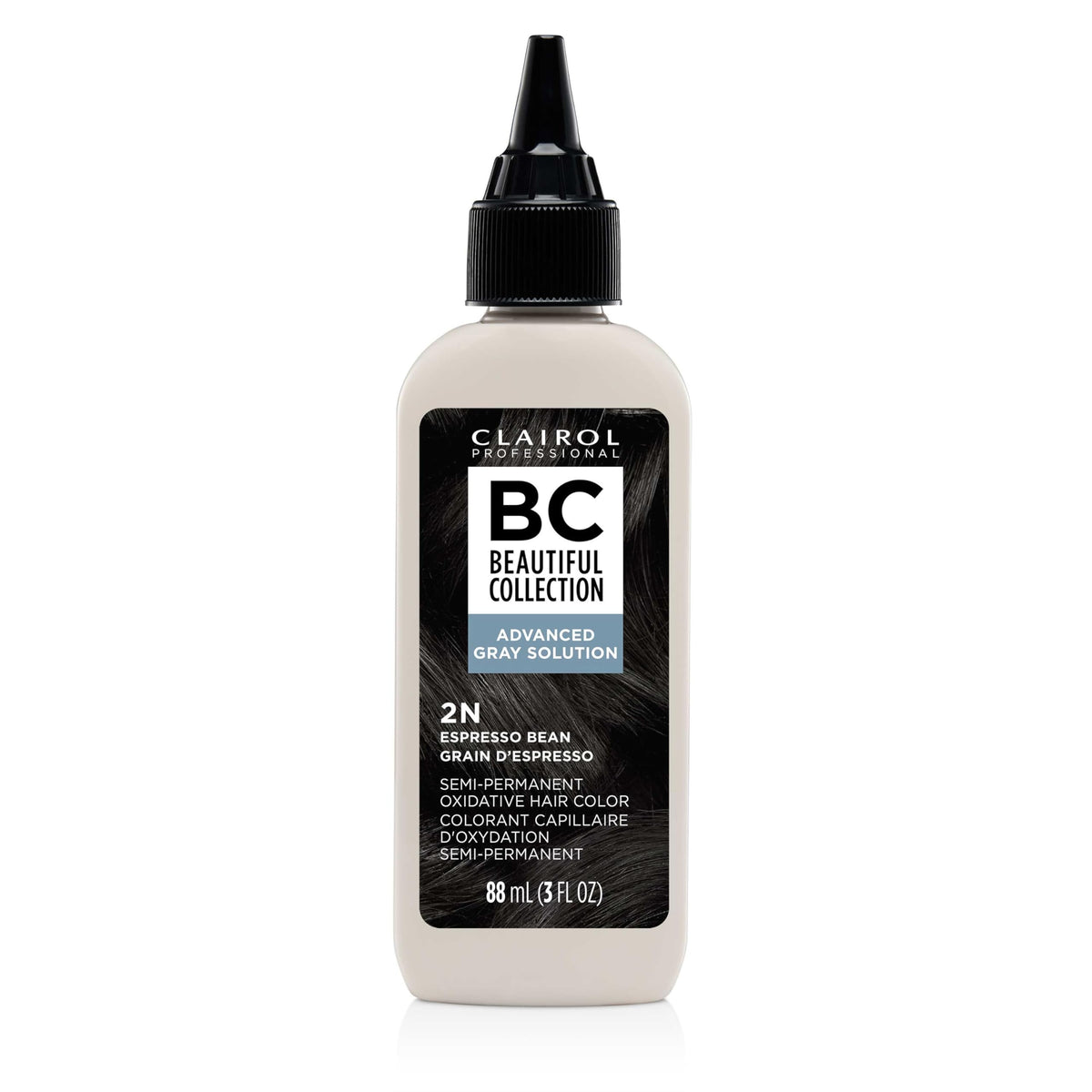 Clairol Professional Advanced Gray Solution espresso bean packaging highlights gentle, ammonia-free color.
