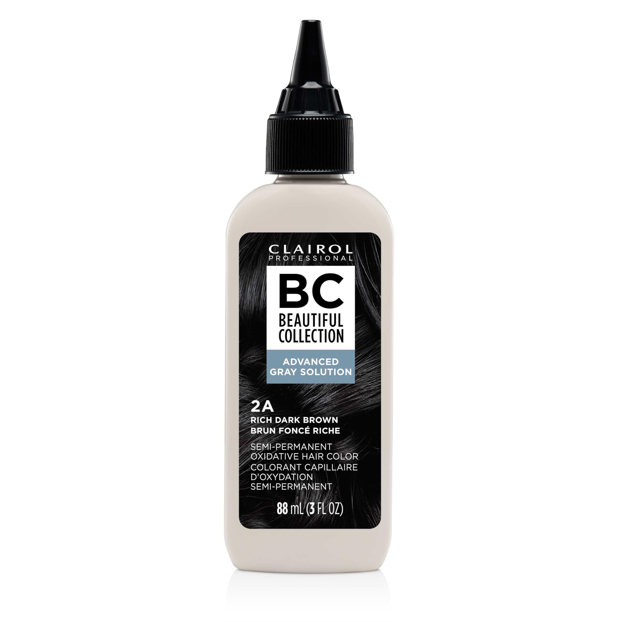 Clairol Professional Advanced Gray Solution bottle shows non-ammonia formula for gray coverage.
