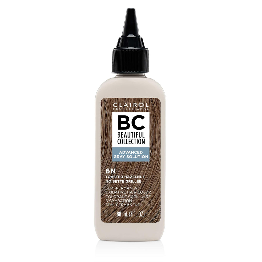 Clairol Professional Beautiful Collection Advanced Gray Solution 6N bottle with ammonia-free color and gray coverage.