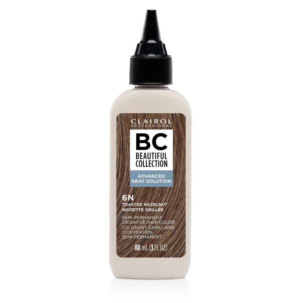Clairol Professional Beautiful Collection Advanced Gray Solution 6N bottle with ammonia-free color and gray coverage.