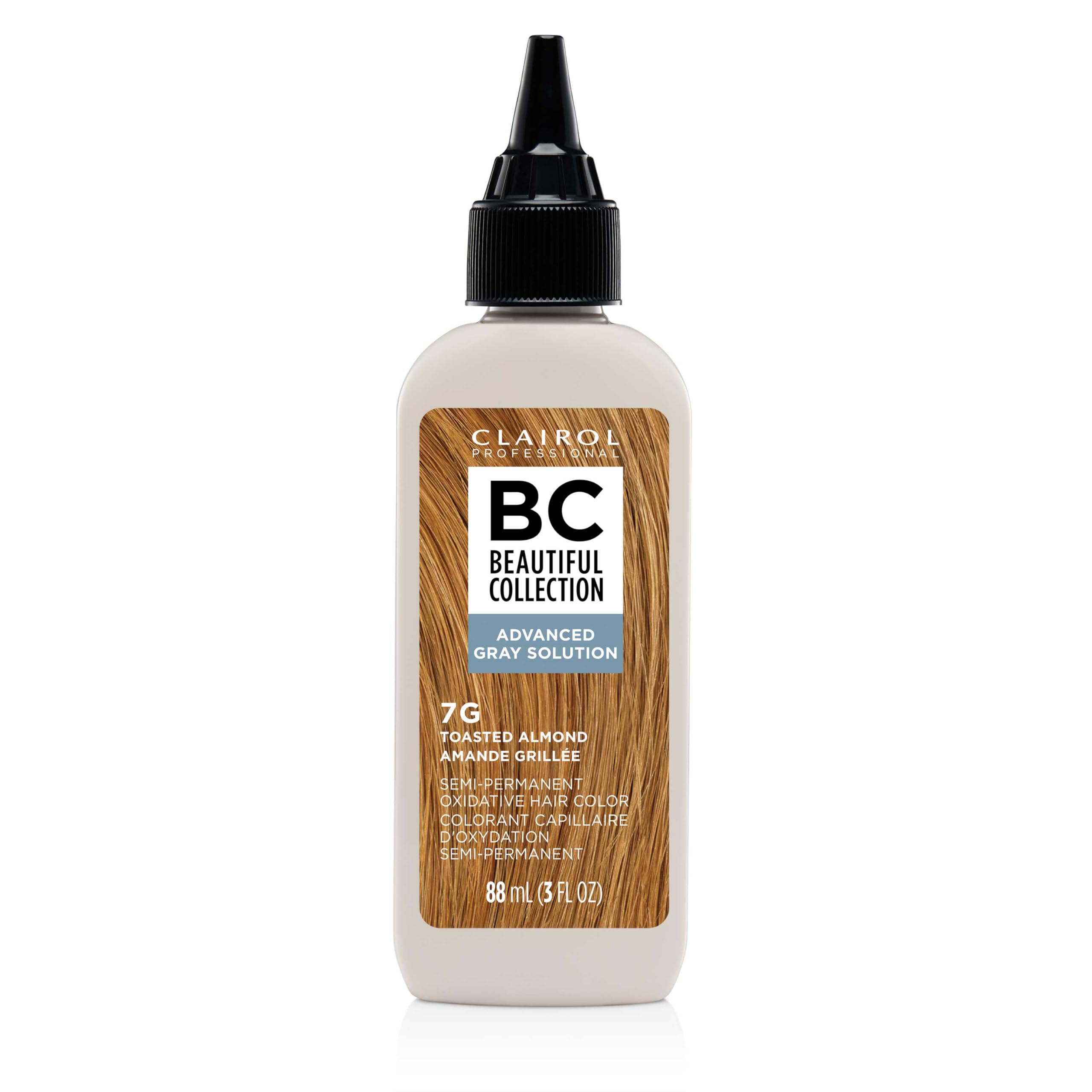 Clairol Professional Beautiful Collection Advanced Gray Solution toasted almond bottle for zero damage color.