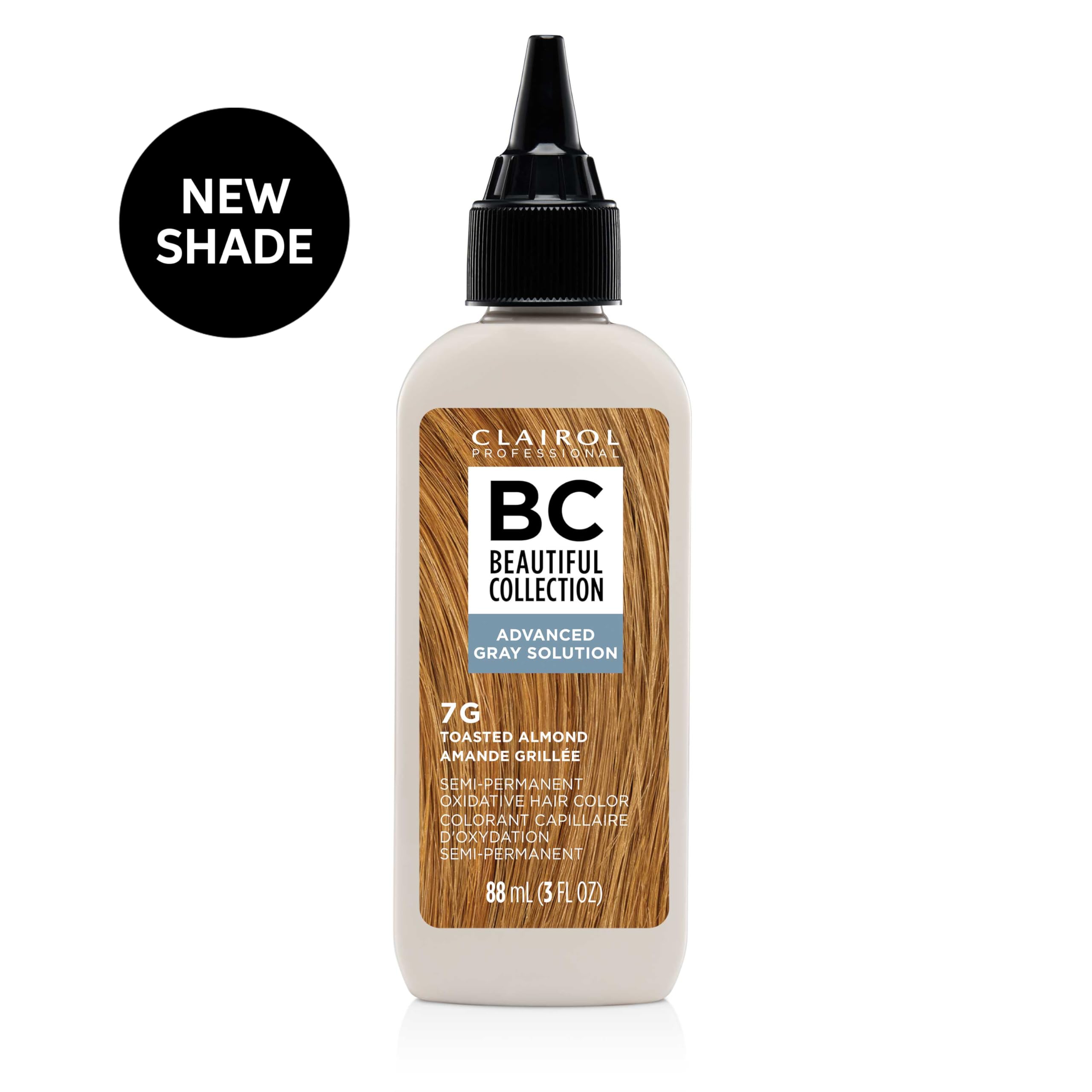 Clairol Professional Beautiful Collection Advanced Gray Solution toasted almond packaging showing shade options.
