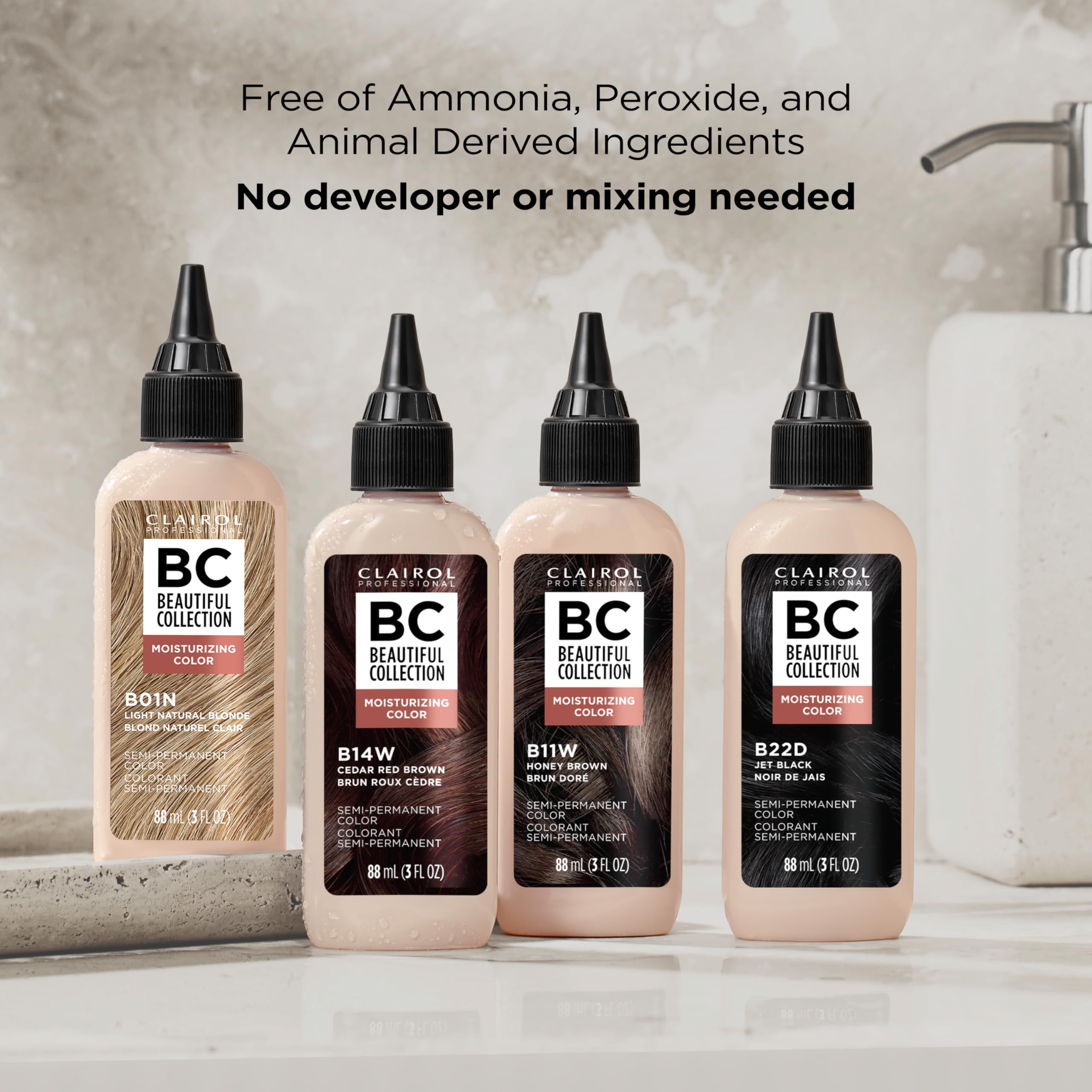 Clairol Professional Beautiful Collection with aloe vera and jojoba nourishes hair.