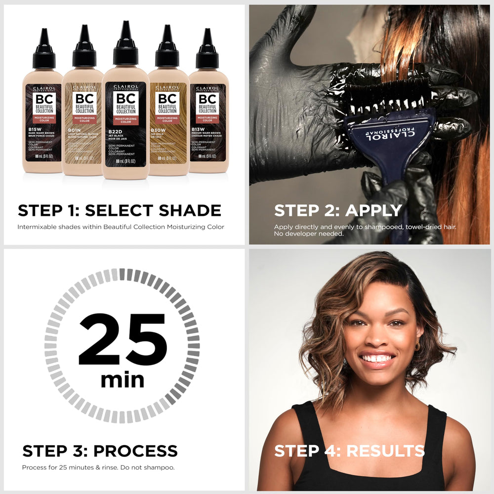 Beautiful Collection foamy texture applied to towel-dried hair for 25-minute processing.