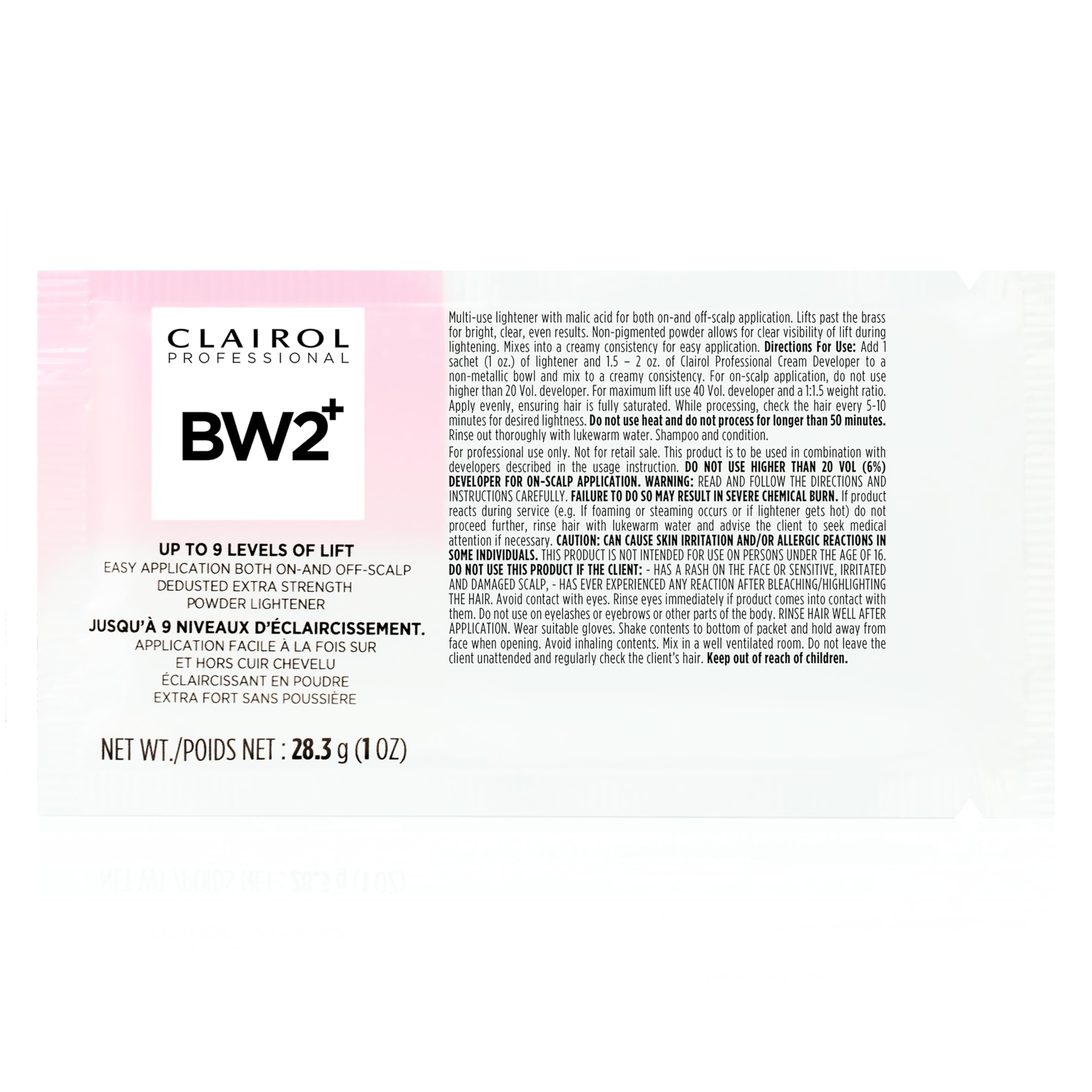 Clairol Professional BW2+ bottle closeup highlighting a clean, dust-free lightening formula for quick lifts