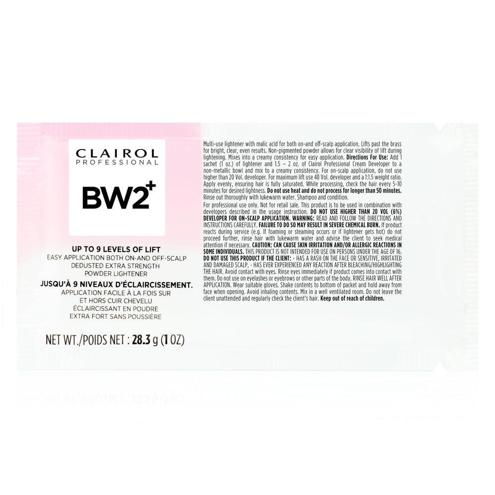 Clairol Professional BW2+ bottle closeup highlighting a clean, dust-free lightening formula for quick lifts