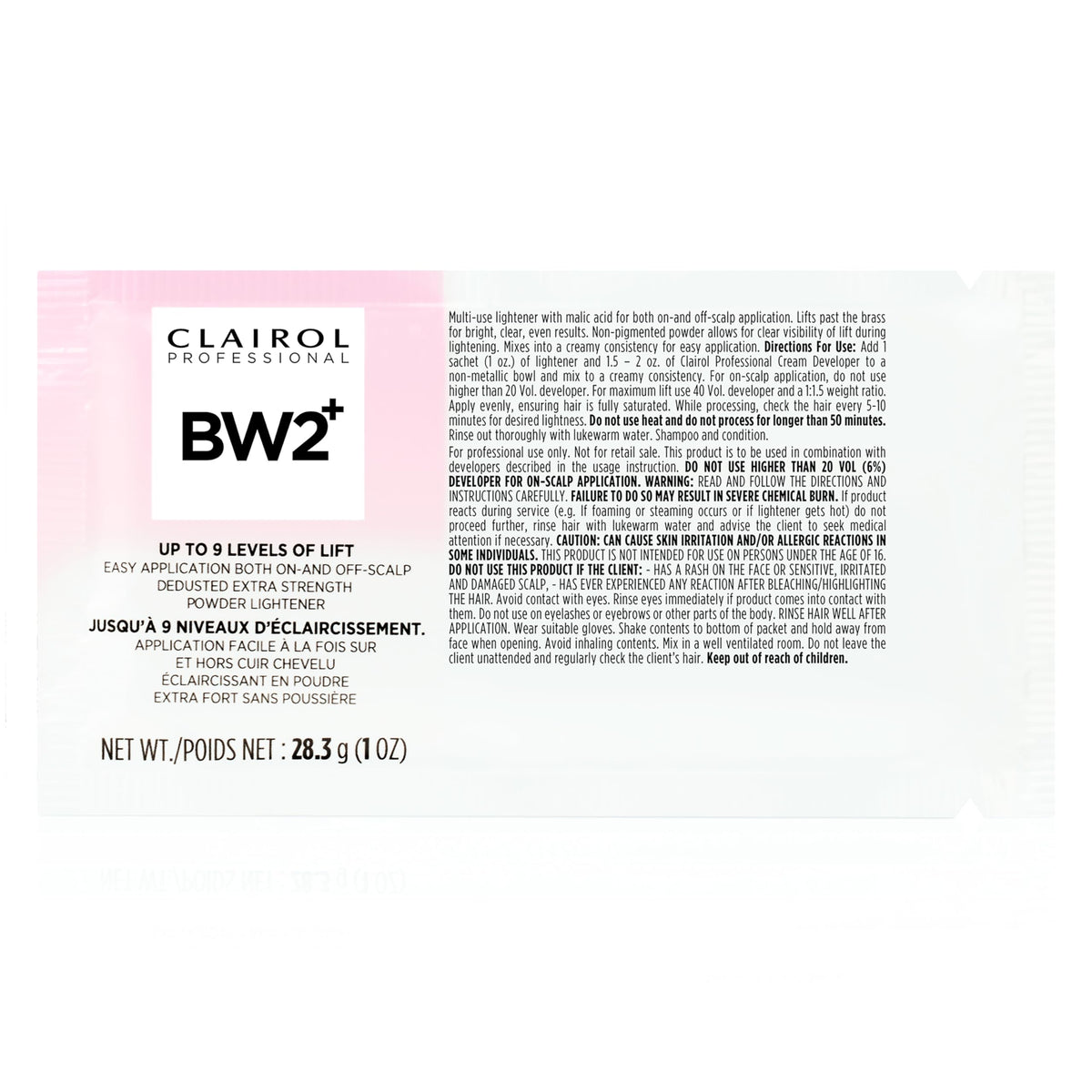 Clairol Professional BW2+ bottle closeup highlighting a clean, dust-free lightening formula for quick lifts