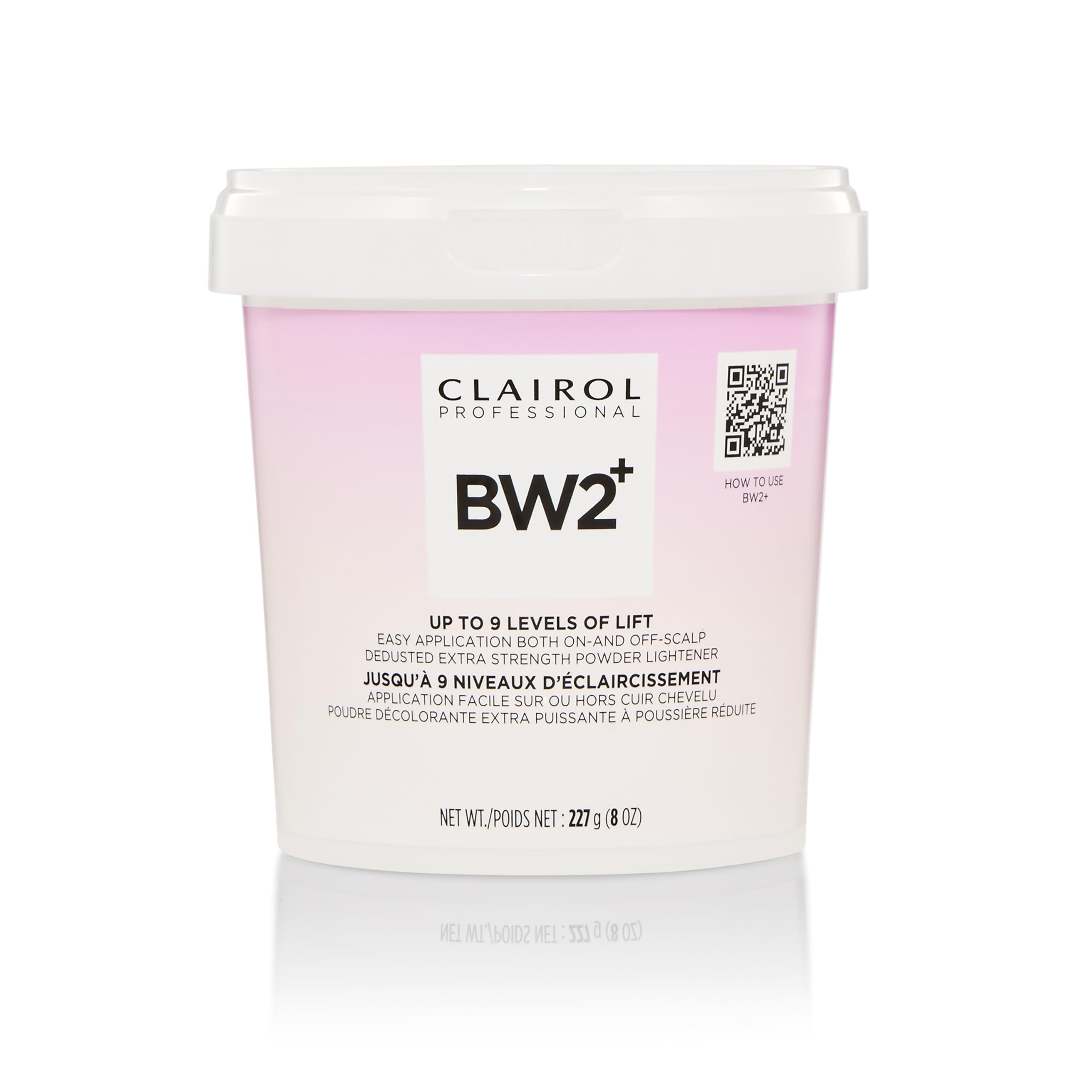 Clairol Professional BW2+ dedusted lightening powder bottle for precise mixing.