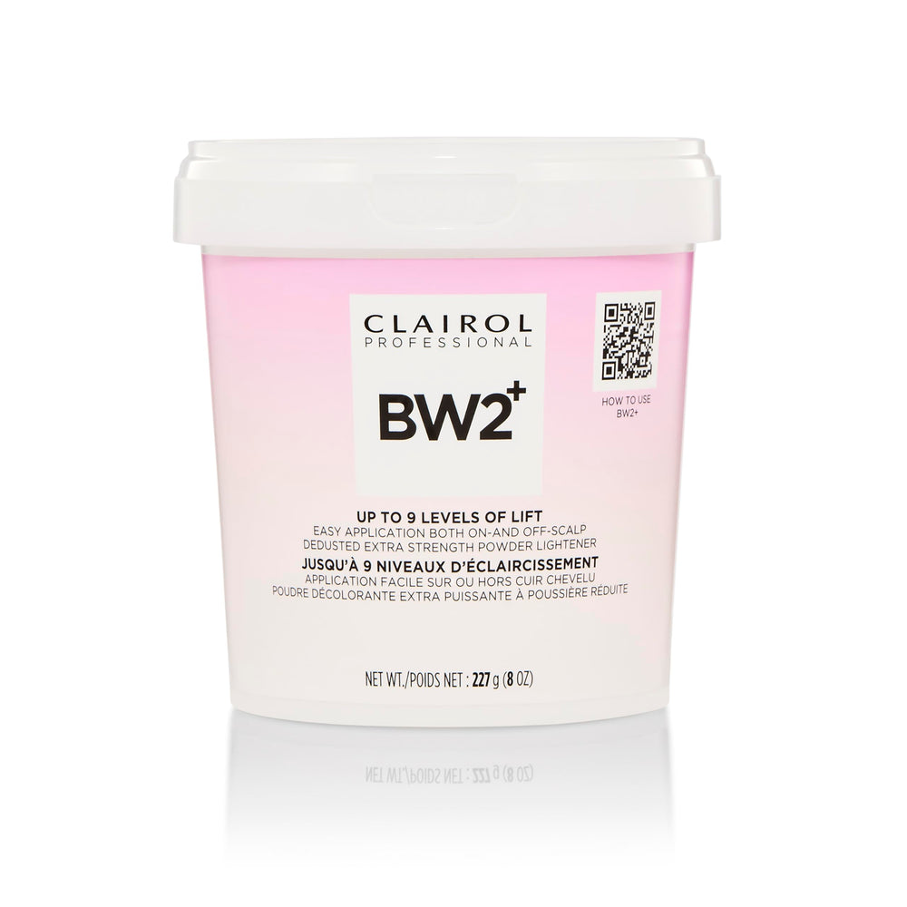 Clairol Professional BW2+ dedusted lightening powder bottle for precise mixing.