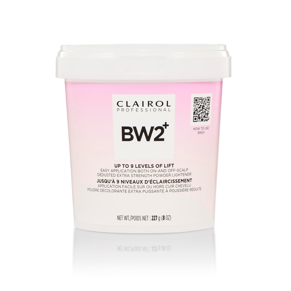 Clairol Professional BW2+ dedusted lightening powder bottle for precise mixing.
