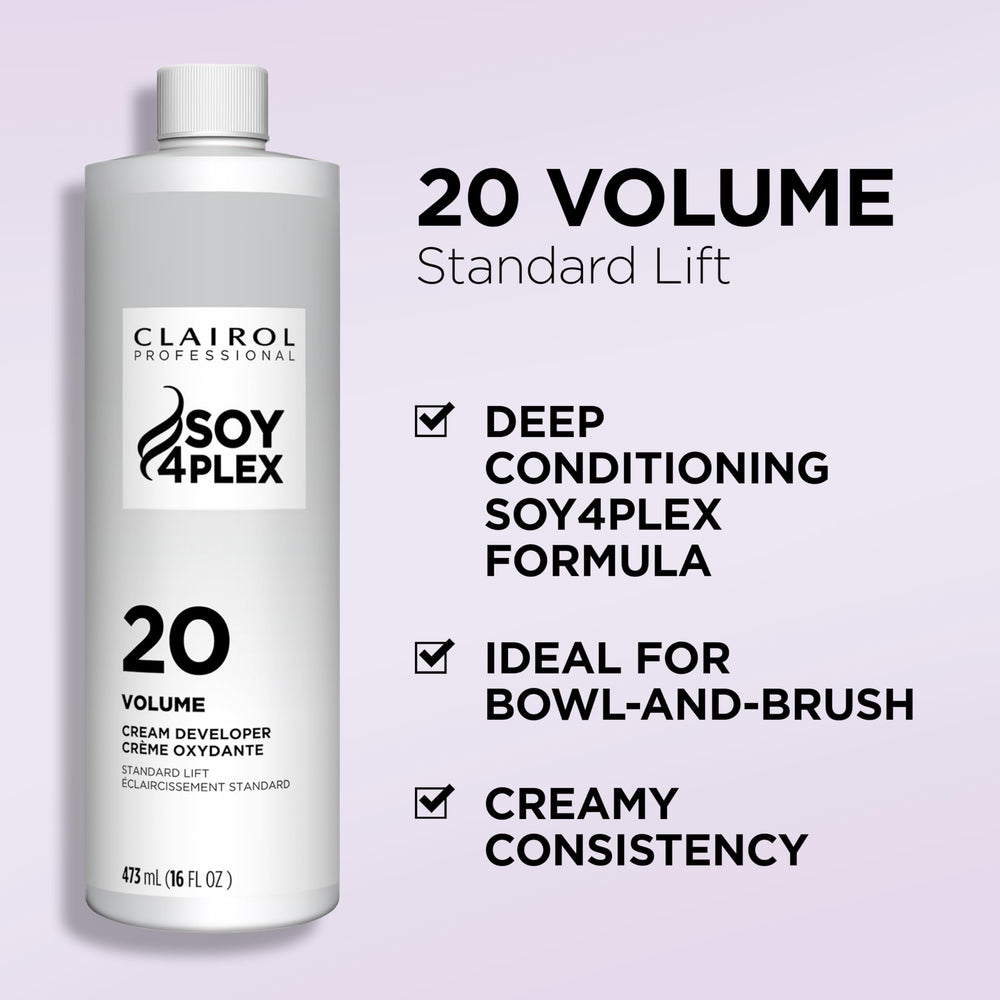 Clairol Professional Crème Permanente 20 Volume bottle pour demonstrates even lift.